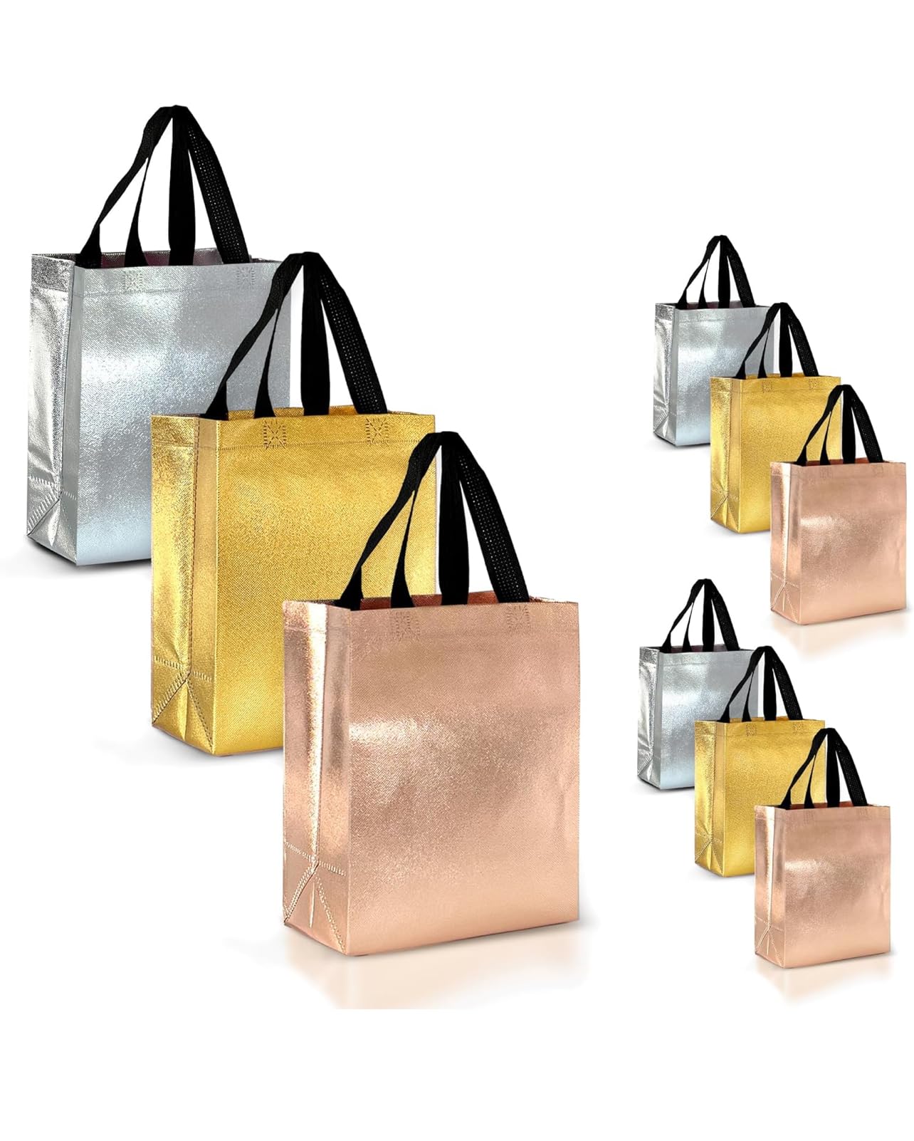 A.S Enterprises JOURNEY JOY Pack of 12 Pcs Metallic Laminated Non-Woven Reusable Eco-Friendly Party Return Gift Bags (MIX COLOR rose gold, silver, golden) small-medium 8x10x4-image-1