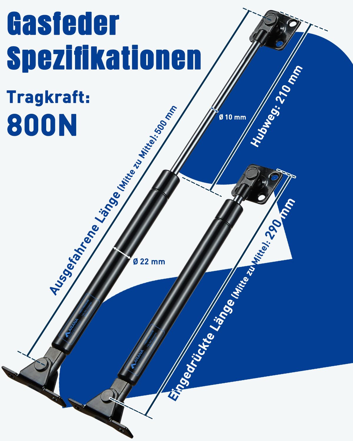 ARANA Gasdruckfeder 500 mm, 800 N, 2er-Pack; Gasdruckdämpfer, Gasfeder Dämpfer, geeignet für Schranktüren, Mülleimerdeckel, Staufächer in Wohnmobilen, Mit Montagehalterungen (800 N, 500 mm)
