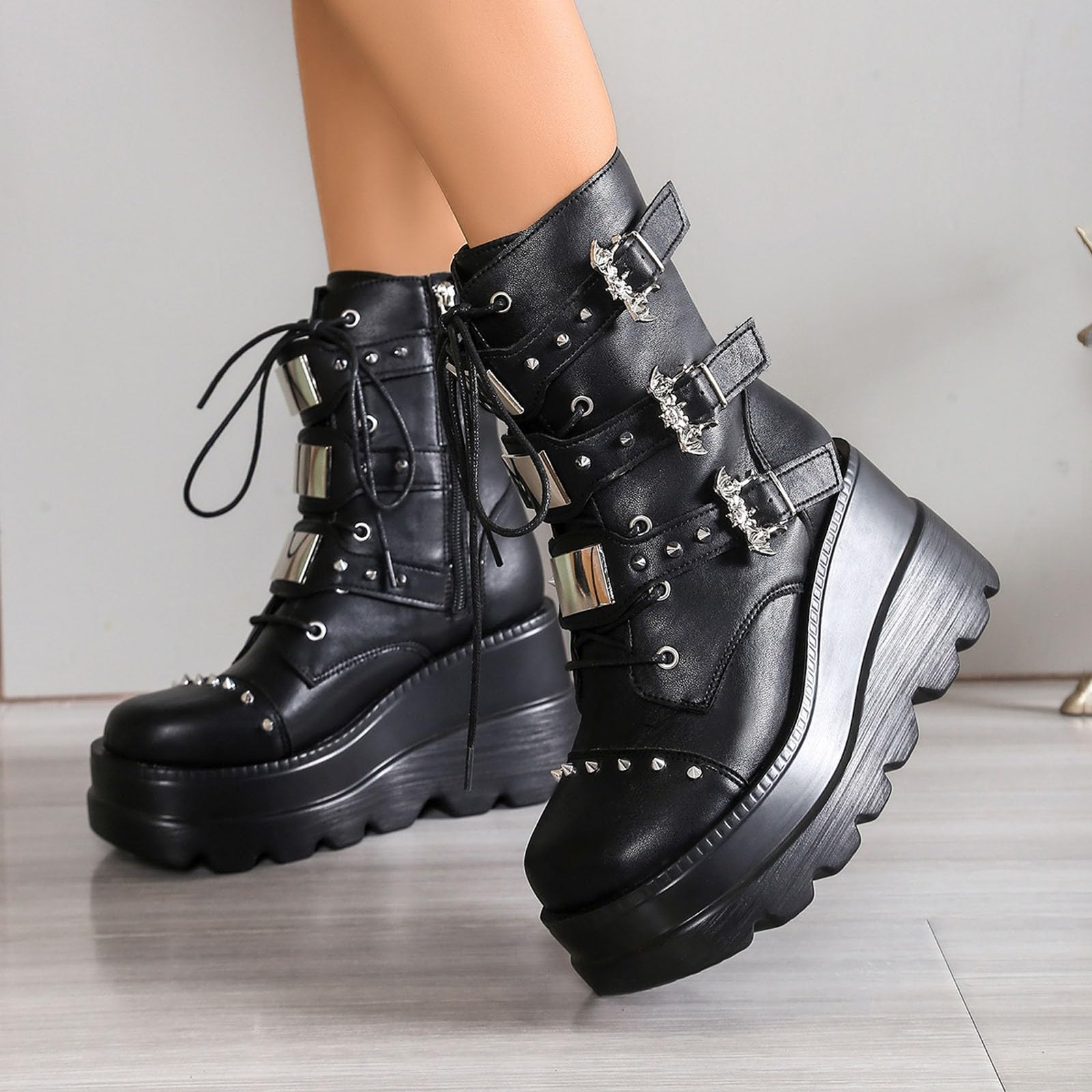 Generisch Botas de plataforma para mujer de estilo gótico llamativo - Botas con cordones con tacón de cuña y hebillas | Botas extravagantes para un look rebelde