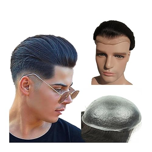 Miniatura 1 de Pelucas para hombre Toupee 0.002 in piel ultra fina base PU postizo 8 x 10 pulgadas, prótesis de cabello humano masculino #1 negro azabache densidad