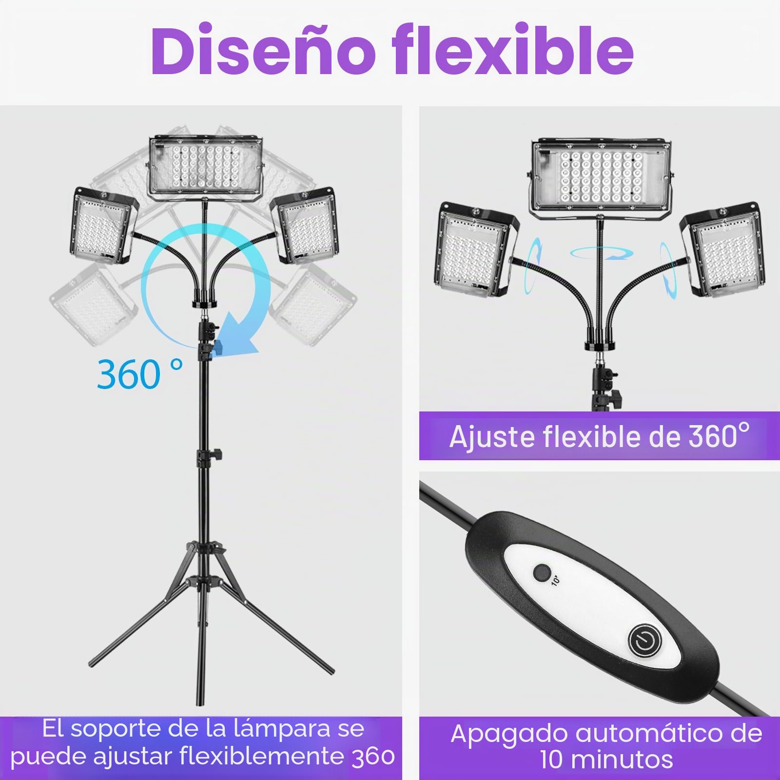 Lámpara de Bronceado Tricéfalo 144LEDs Máquina UV para Rostro y Cuerpo Negro