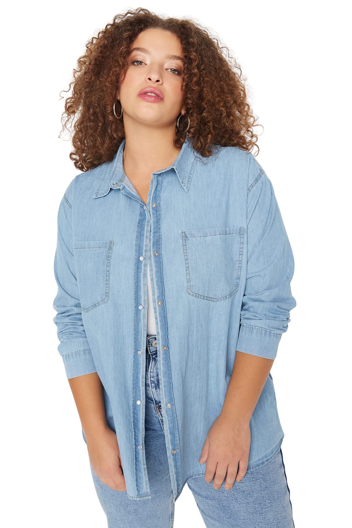 Trendyol Mujer, Camisa básica Ajustada con Cuello Polo, Talla Grande
