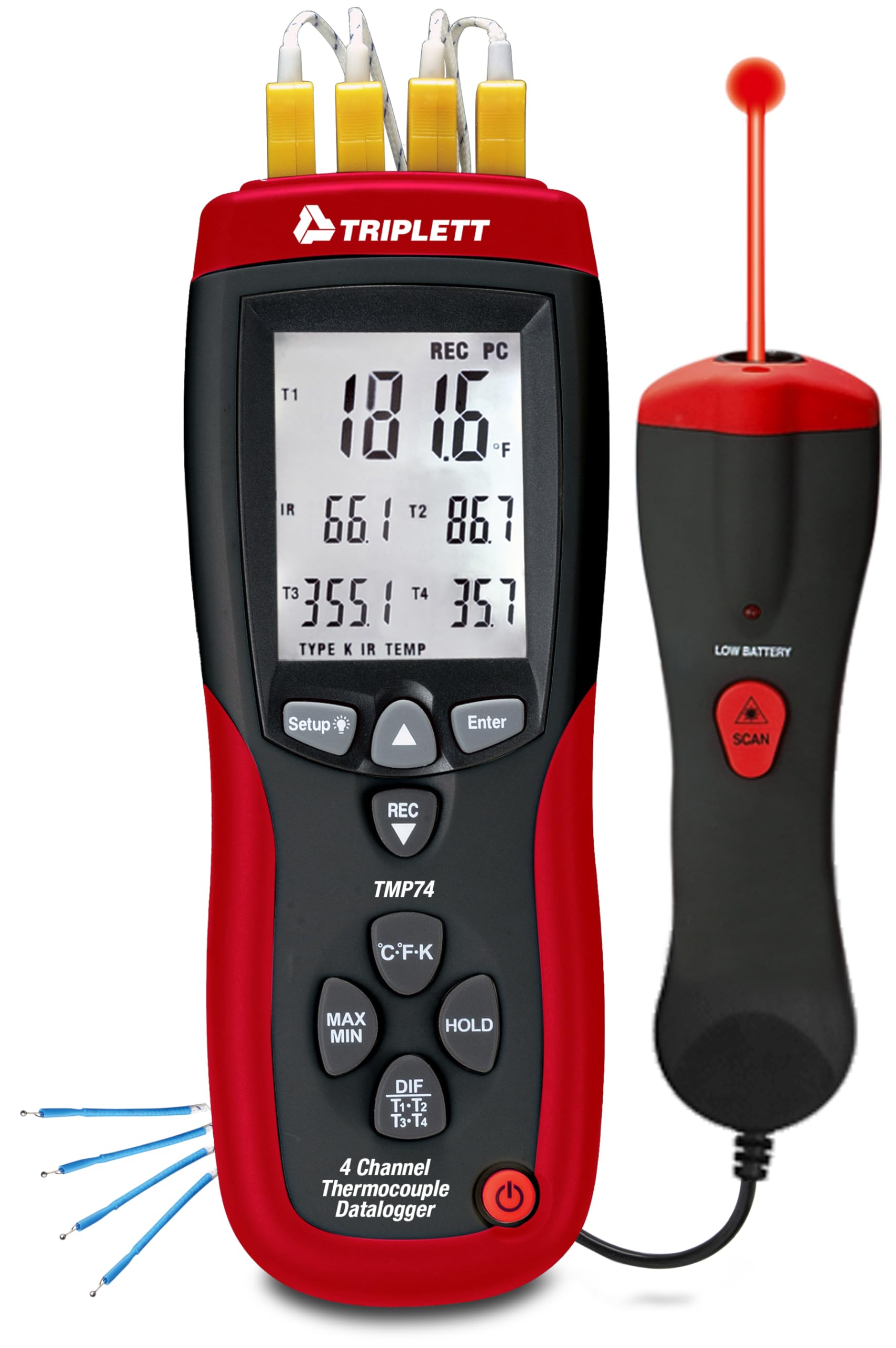 Triplett TMP74 4-Channel Thermocouple Datalogger Plus IR Thermometer, Data Logger
