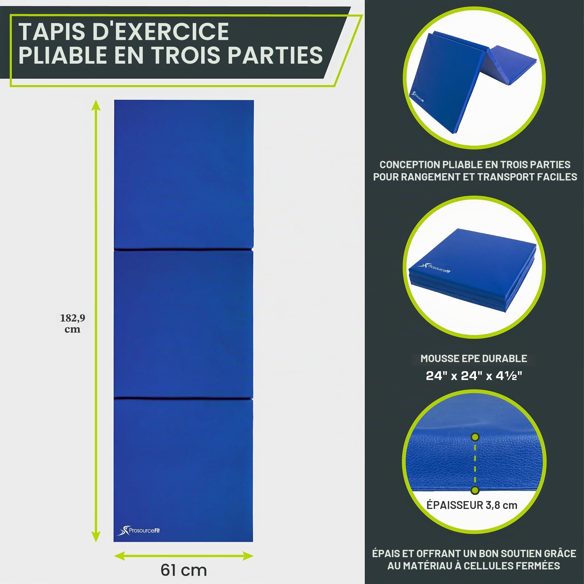 ProsourceFit Tri-Fold Folding Thick Exercise Mat 6’x2’ with Carrying Handles for MMA, Gymnastics, Stretching, Core Workouts