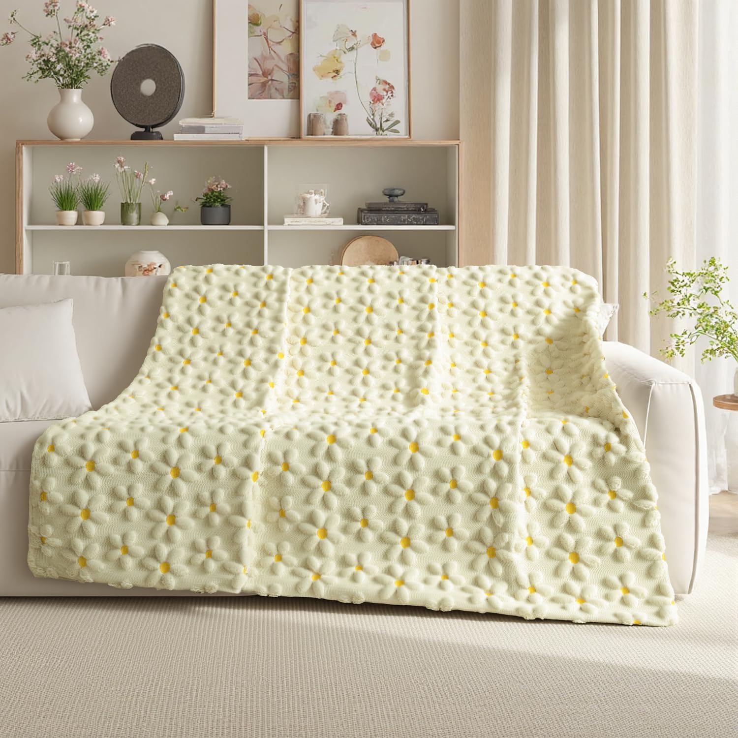 Horaldaily Spring Summer Throw Blanket, Beige Daisy Soft Fuzzy Plush Faux Fur Cozy Blankets for Couch Sofa Bed Lounging, Ideal Gifts for Kids Adults Wife Self, 50x60 - Image 2