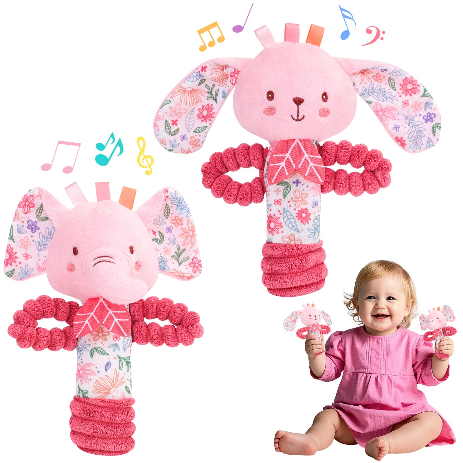 Baby Toys 0-6 Months,Pink Baby Sensory Toys with Educational Bells,2 Pack Soft Plush Animal Rattle Toys for Babies 0 3 6 9 Months Newborn Baby Grils Boys GiftElephant,Bunny