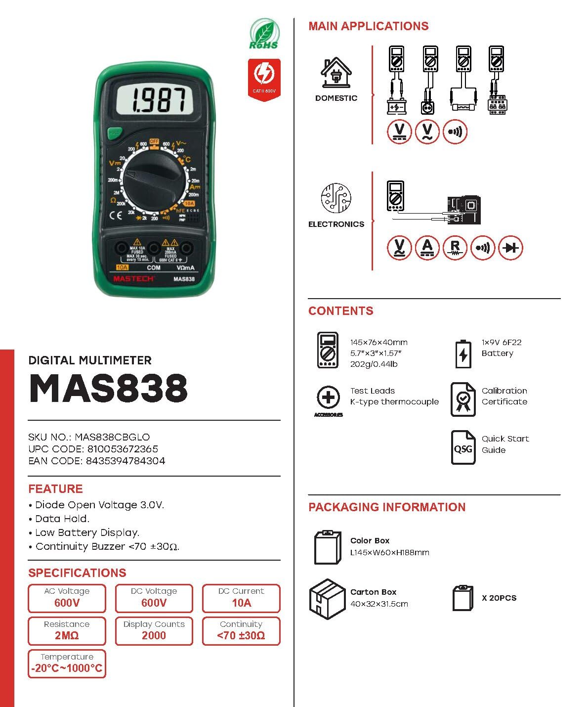 MASTECH MAS830B MAS830L MAS838 Multímetro digital pantalla 2000 cuentas; Zumbador de continuidad menos de 70 ±30Ω, Indicador de batería baja(MAS838)