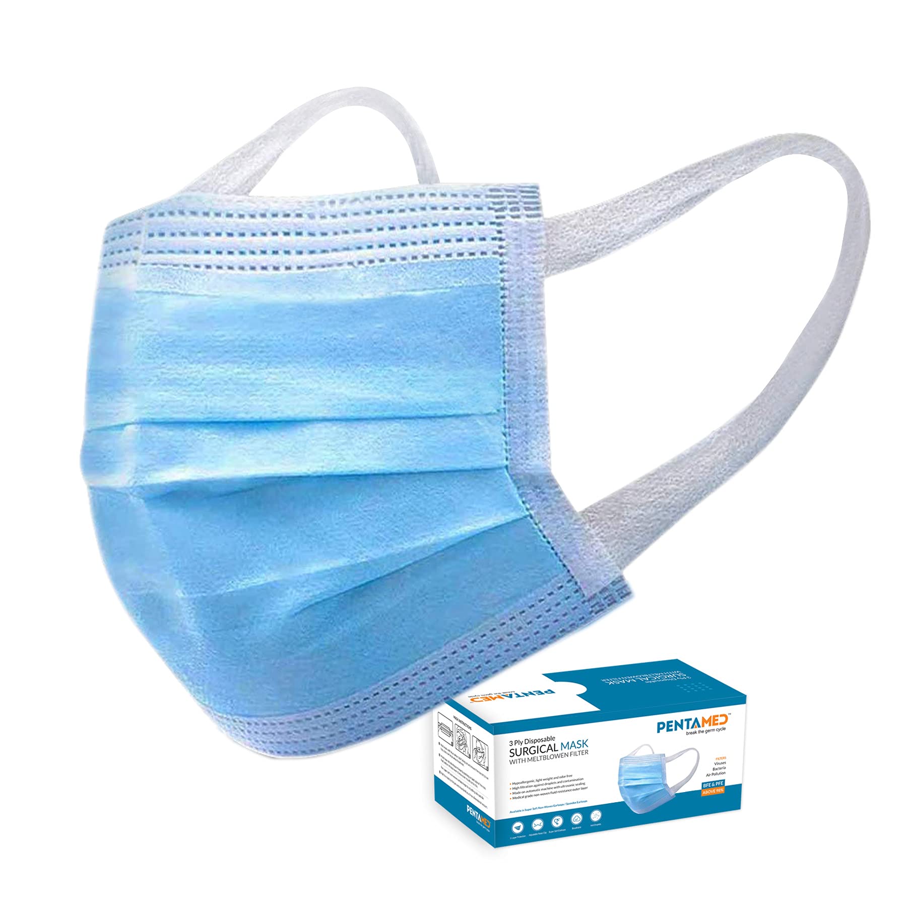 PENTAMED 3ply Disposable Surgical Mask with Meltblown Fabric & Adjustable Nose Pin & Non Woven Flat Ear Loop (SITRA Certified) - (Pack of 100-150-200)