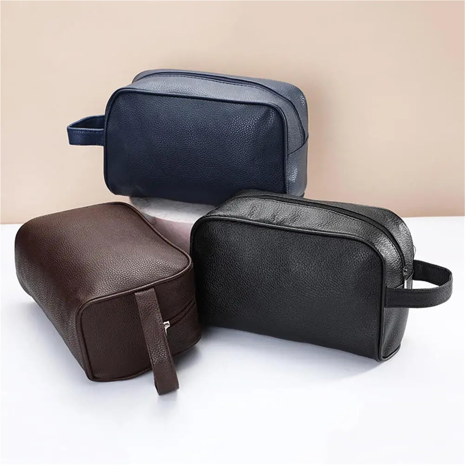 Bolsas De Aseo Bolsa con cierre de cosméticos de viaje for hombre, bolsas de maquillaje de cuero PU, neceser de viaje, organizador de cosméticos, bolsa de almacenamiento de gran capacidad(Dark Blue)