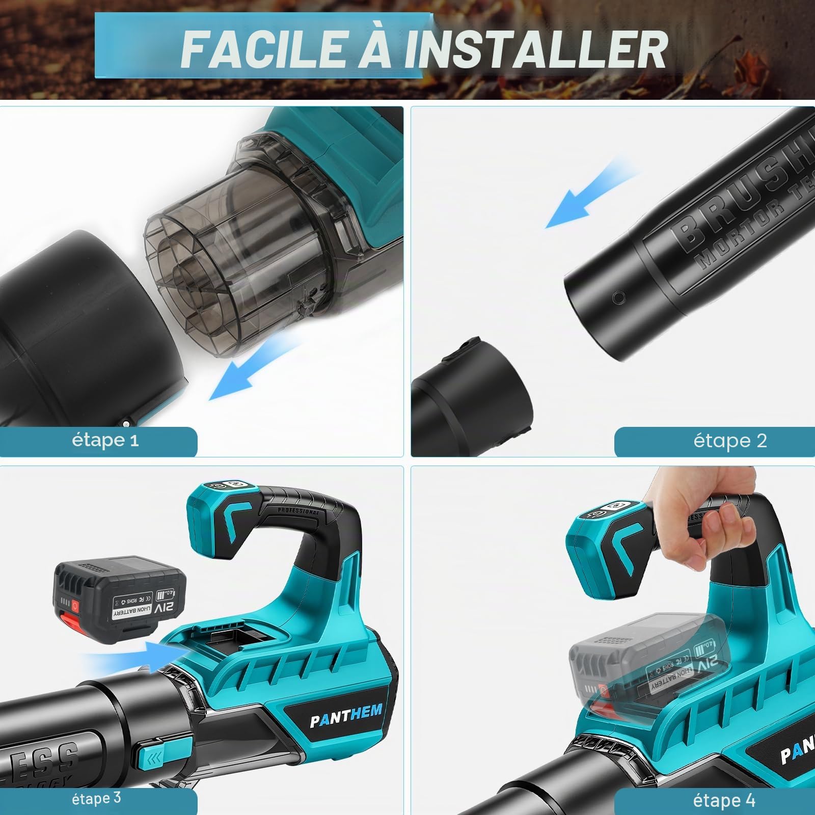 Souffleur Batterie avec Batterie 2X 4,0Ah 21V 80m/s Souffleur de Feuilles sans Fil, Soufflage, souffleur électrique Feuilles Mortes pour Souffler Les Feuilles, la Neige, la Poussière et Les Débris