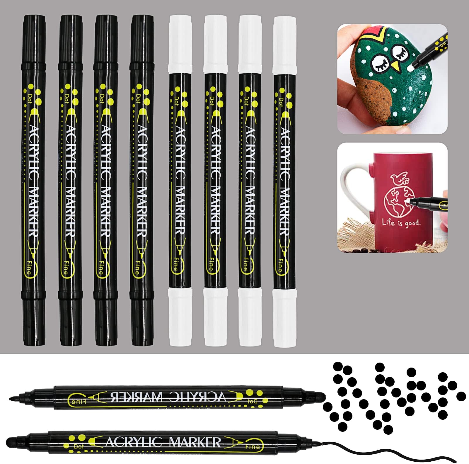 Lot De 8 Crayons Peinture Acrylique - Noir, Blanc, Doré, Argenté (x2 Chacun), Pointe 0.7mm, étanches, Pour Pierre, Bois, Verre, Céramique, Métal, Tissu...