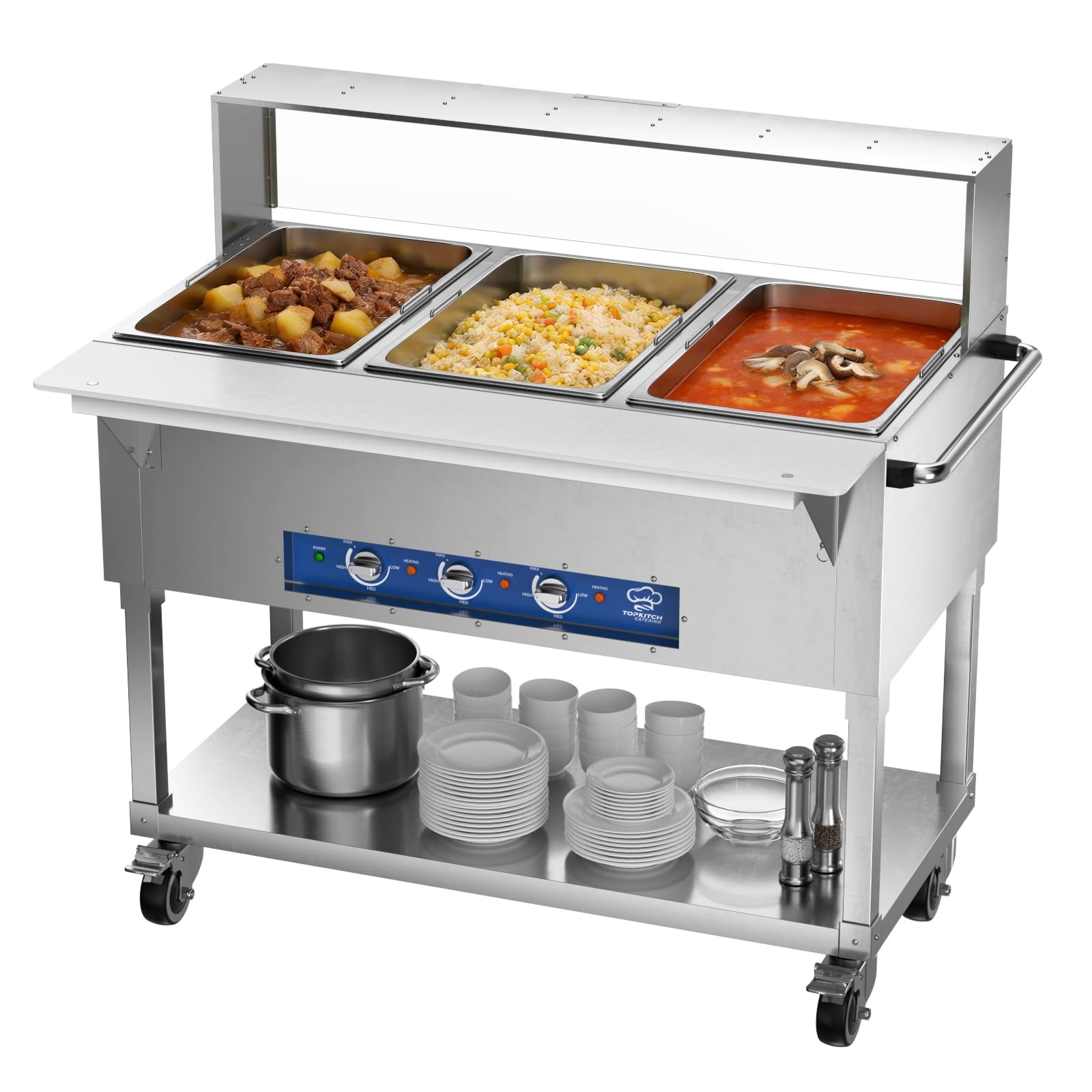 Photo 1 of TOPKITCH Electric steam Table with Independent Temperature Control and dust Cover?3 Independent 19.5L Pans, Rolling Stand with Adjustable Shelves for Restaurant, Catering, Party