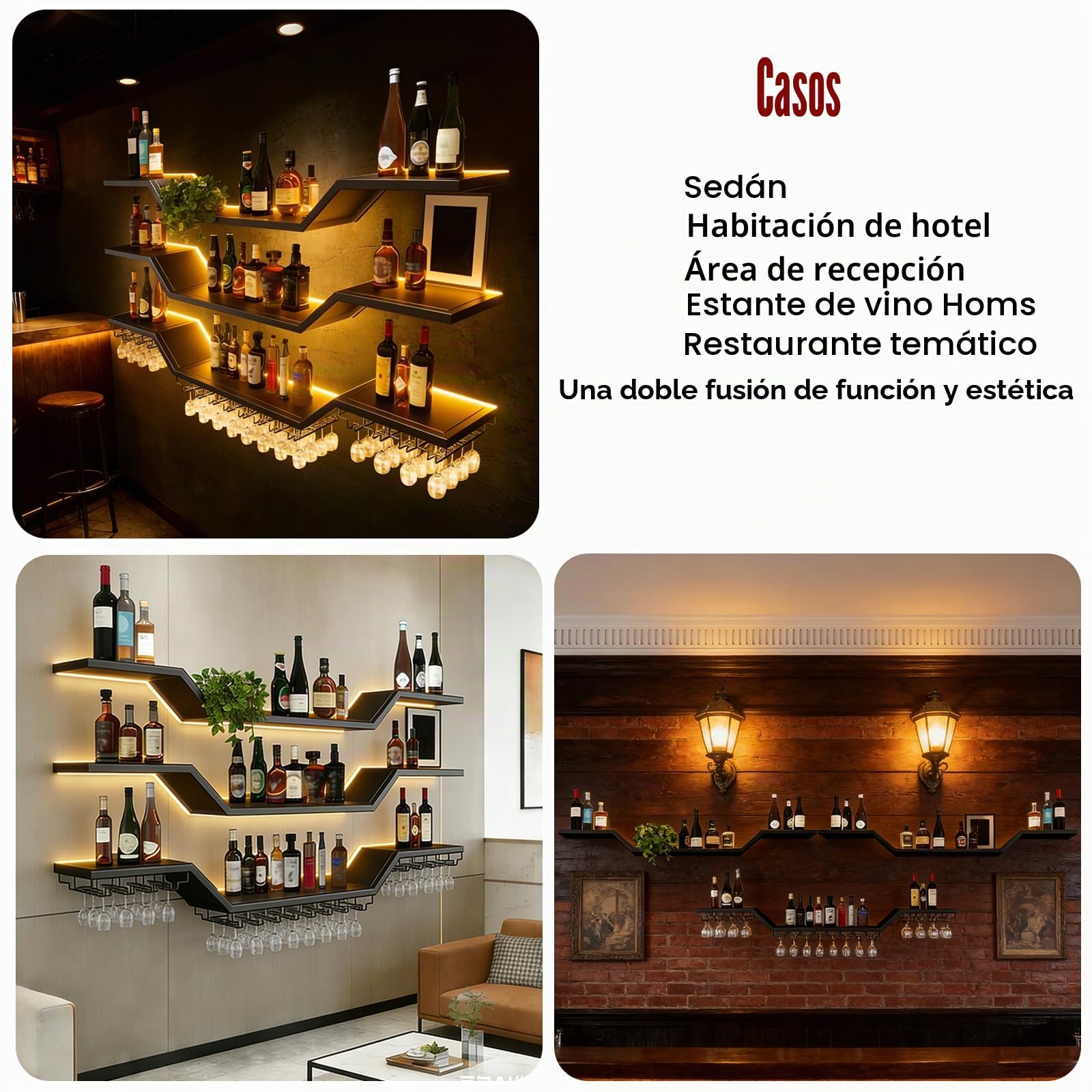 Industrial Metal Vino para con Portavasos, Grande Botellero de Pared de Metal con luz LED, 3 Niveles Flotante para Vino exhibición, de hogar Restaurante Bares (Negro, 200cm)