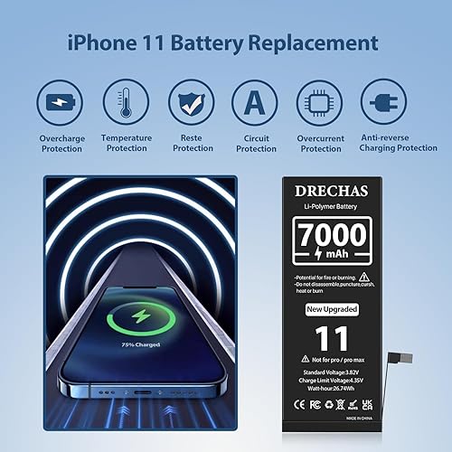 Miniatura 2 de DRECHAS 7000 mAh Batería para iPhone 11, 2023, nueva batería de repuesto de polímero de litio de alta capacidad mejorada de 0 ciclos para iPhone 11