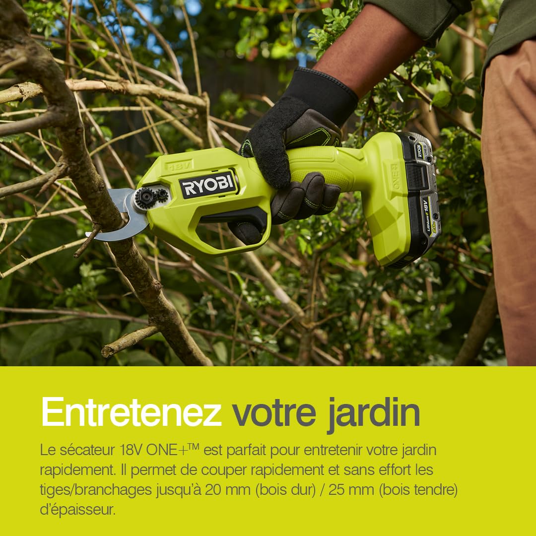 RYOBI - Sécateur Sans Fil 18V ONE+ RY18SCA-0 – Coupe Jusqu’à 25 mm, Lame Acier, Sécurité Active – Taille Facile Branches et Rosiers – Batterie Non Incluse