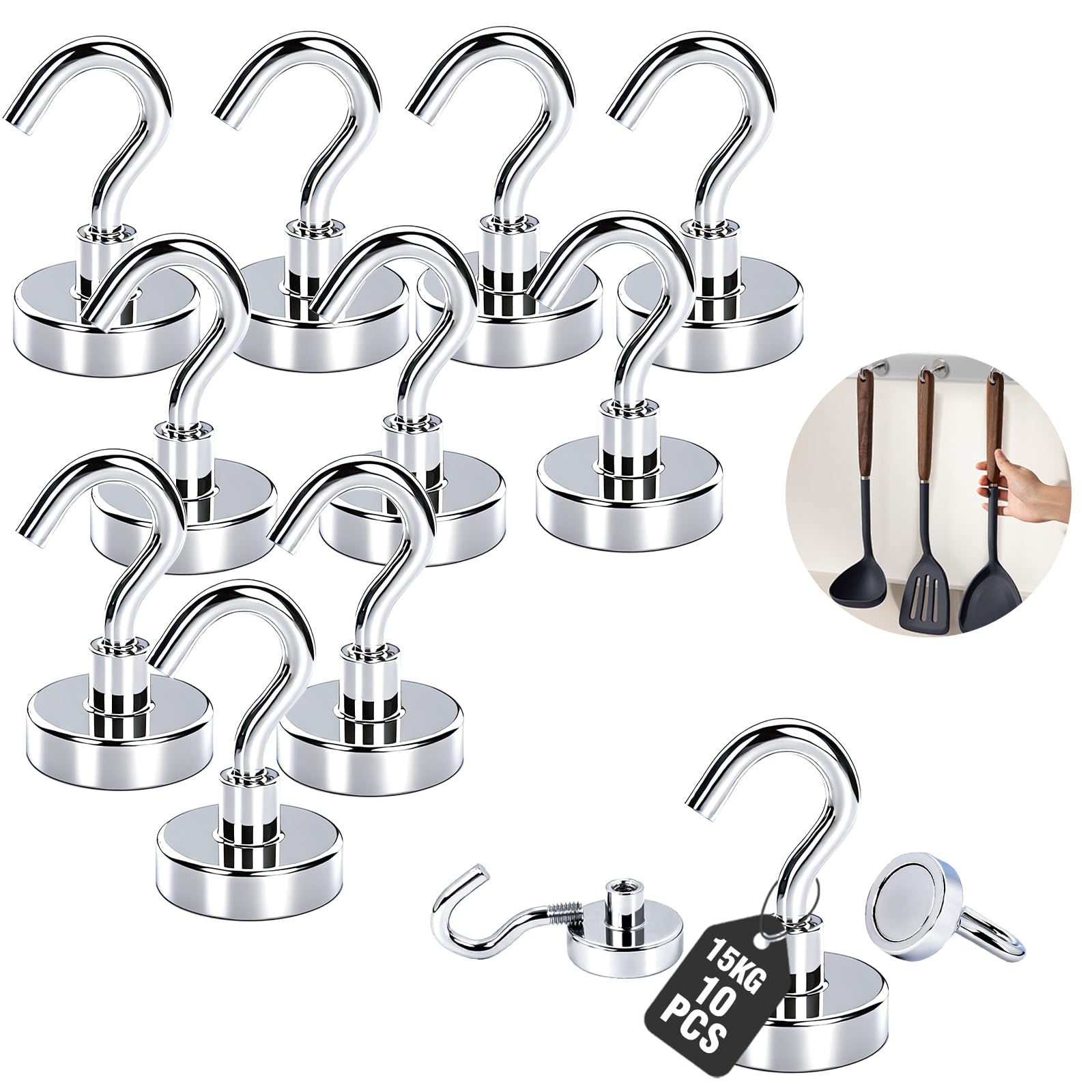 Giantzhong 10 Stück Magnethaken Extra Stark, 20 X 33 mm Magnet Haken, 15kg Neodym Magnete Stark für Camping Gadgets, Werkstatteinrichtung, Küche, Badezimmer More, Ohne Bohren Abnehmba