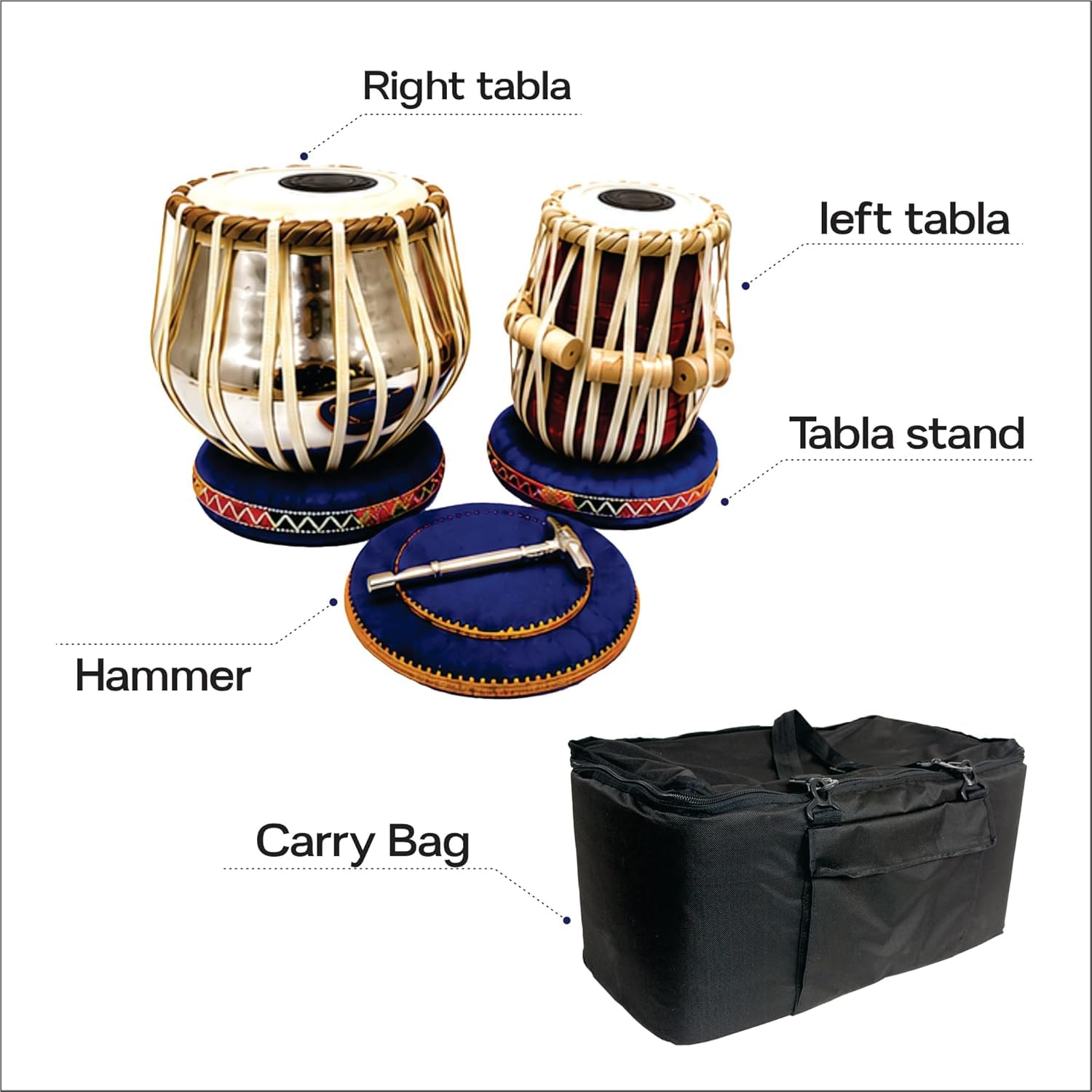 Steel Tabla Set, Basic Tabla Drums Set, Steel Bayan, Dayan mit Hammer, Kissen und Bezug - Perfekte Tablas für Schüler und Anfänger und Profis, Indisches Musikinstrument Tabla Set
