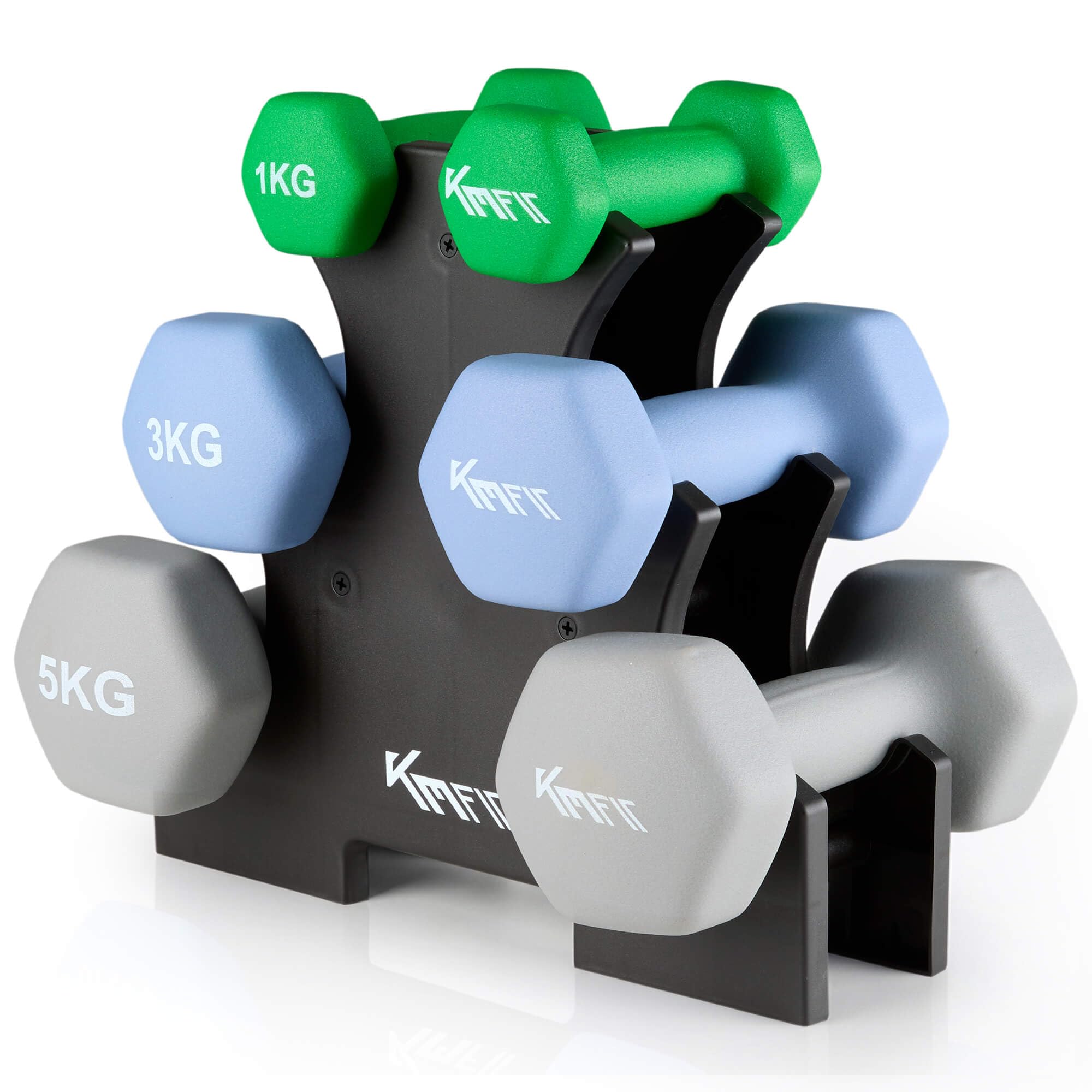 KM-Fit Set manubri 18 kg con supporto | Manubri in neoprene 1–5 kg | Impugnatura ergonomica in ghisa antiscivolo | Antirotolamento | Fitness & allenamento forza a casa