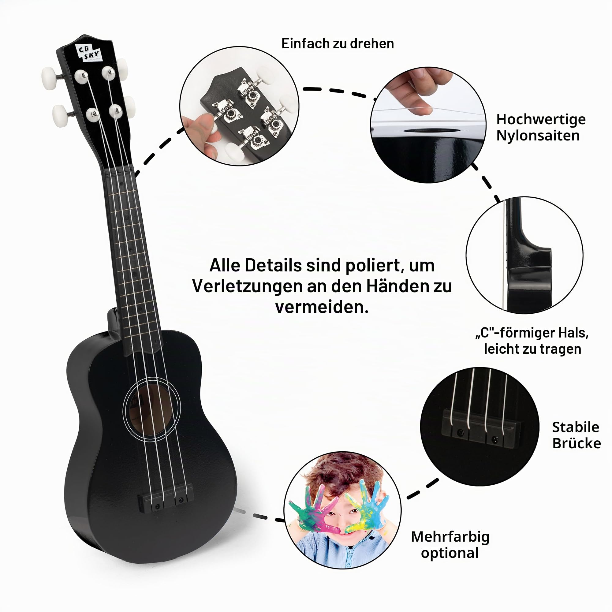 Soprano Ukulele 53cm Anfänger, Schüler Hawaiian Gitarre (Black) 3-5 5-9 Jahre alt