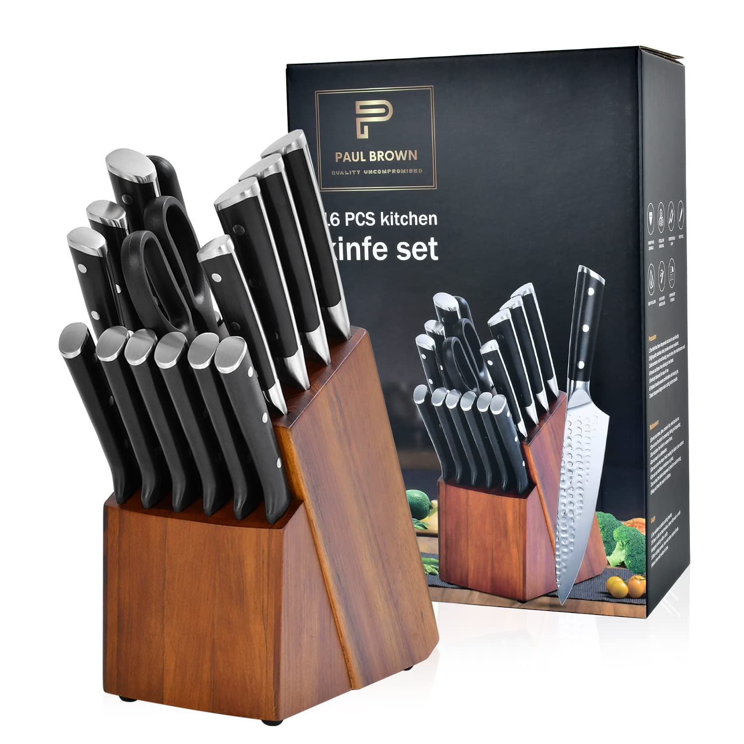 PAUL BROWN® 16-Piece German steel 1.4116 Kitchen Knife set with Wooden Block, Ultra Sharp Stainless Steel Steak Knives and Scissor with Ergonomic Handle