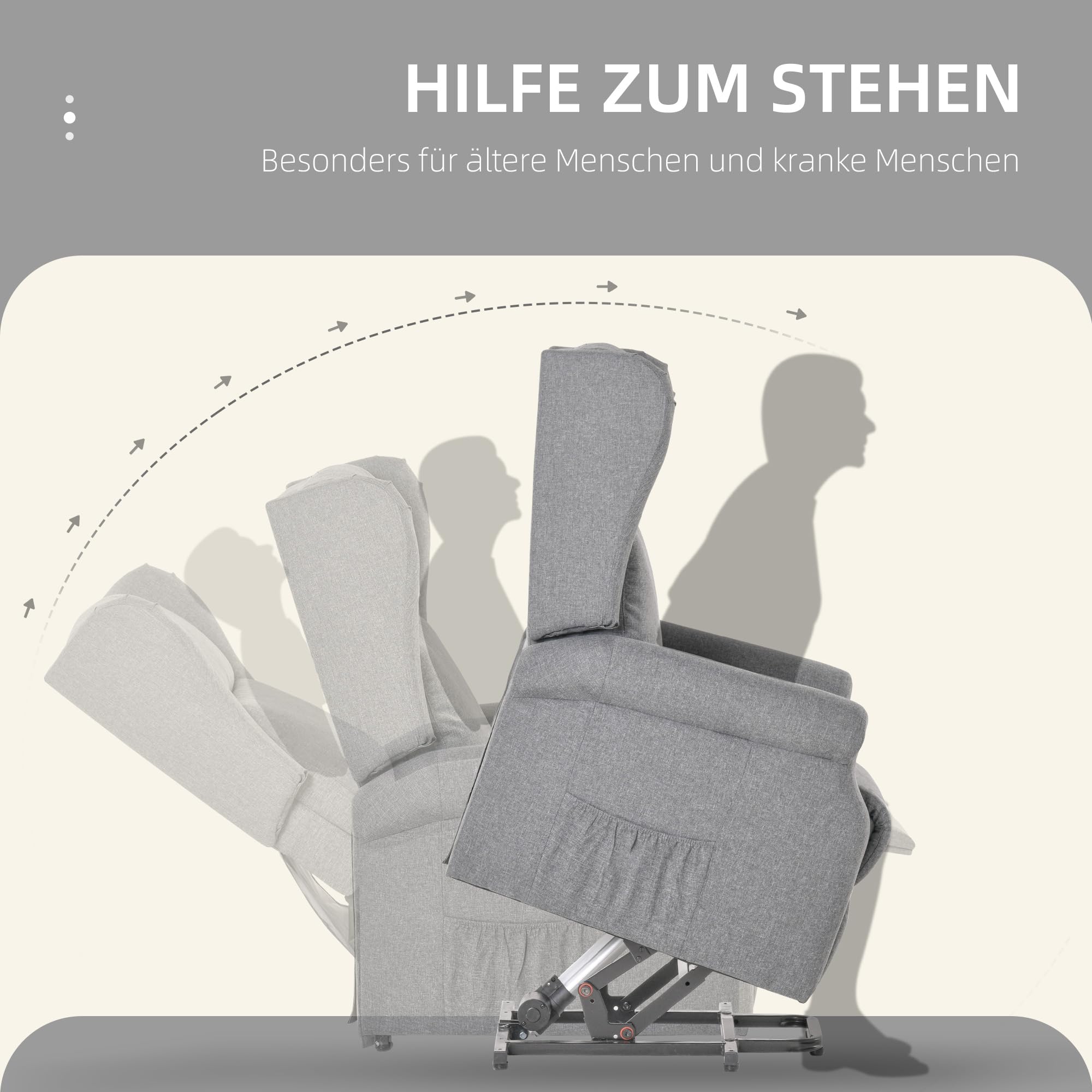 HOMCOM Fernsehsessel mit Aufstehhilfe Elektrisch Relaxsessel mit Liegefunktion, TV-Sessel mit Fernbedienung Seitentasche Leinenoptik Grau