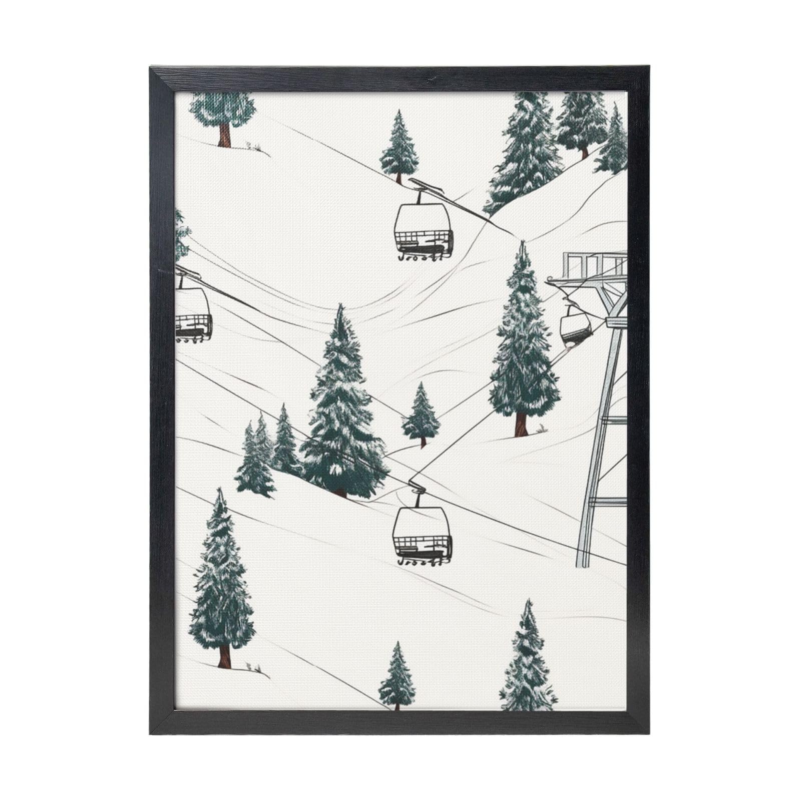 Framed Wall Art - Decorative Canvas Painting Ski Lift With Fir Tree Pictures Poster Aesthetic Modern Prints Artwork for Bedroom Office Wall Decor Ready To Hang 12x16 in