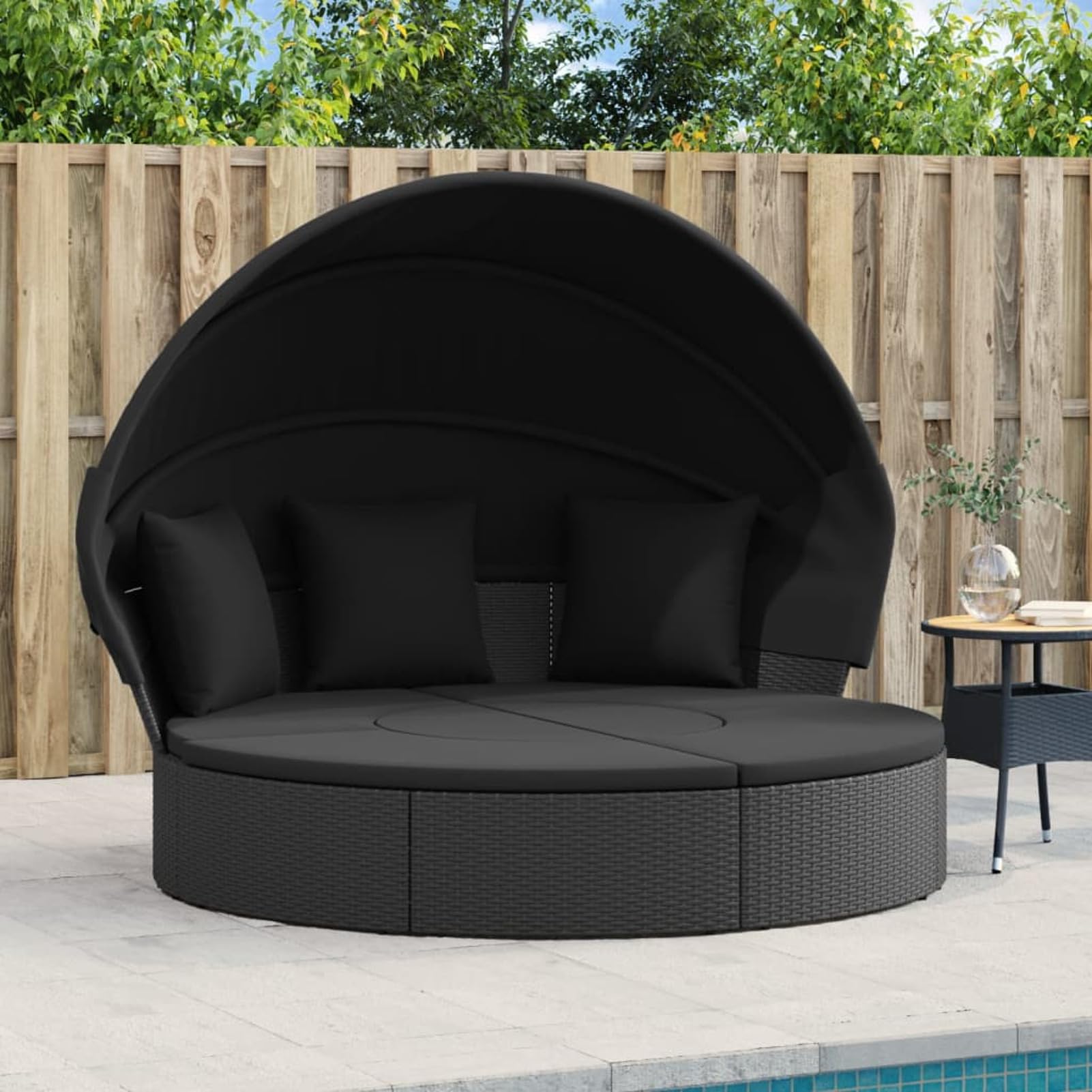 Homgoday Lit de Repos d'extérieur avec Auvent et Coussins Résine Tressée, Bain de Soleil de Jardin, Lit de Camping pour Plage, Extérieur, Balcon, Terrasse C