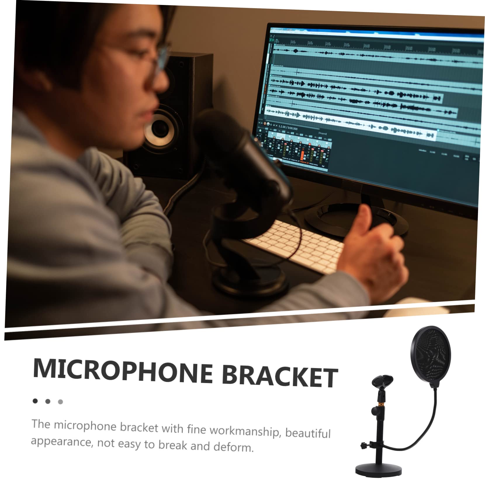 UPKOCH Soporte de Micrófono Ajustable para Escritorio Negro (290-395 Mm) con Clip y Filtro Antipop, Base Metálica Estable para Podcast, Grabación y Streaming