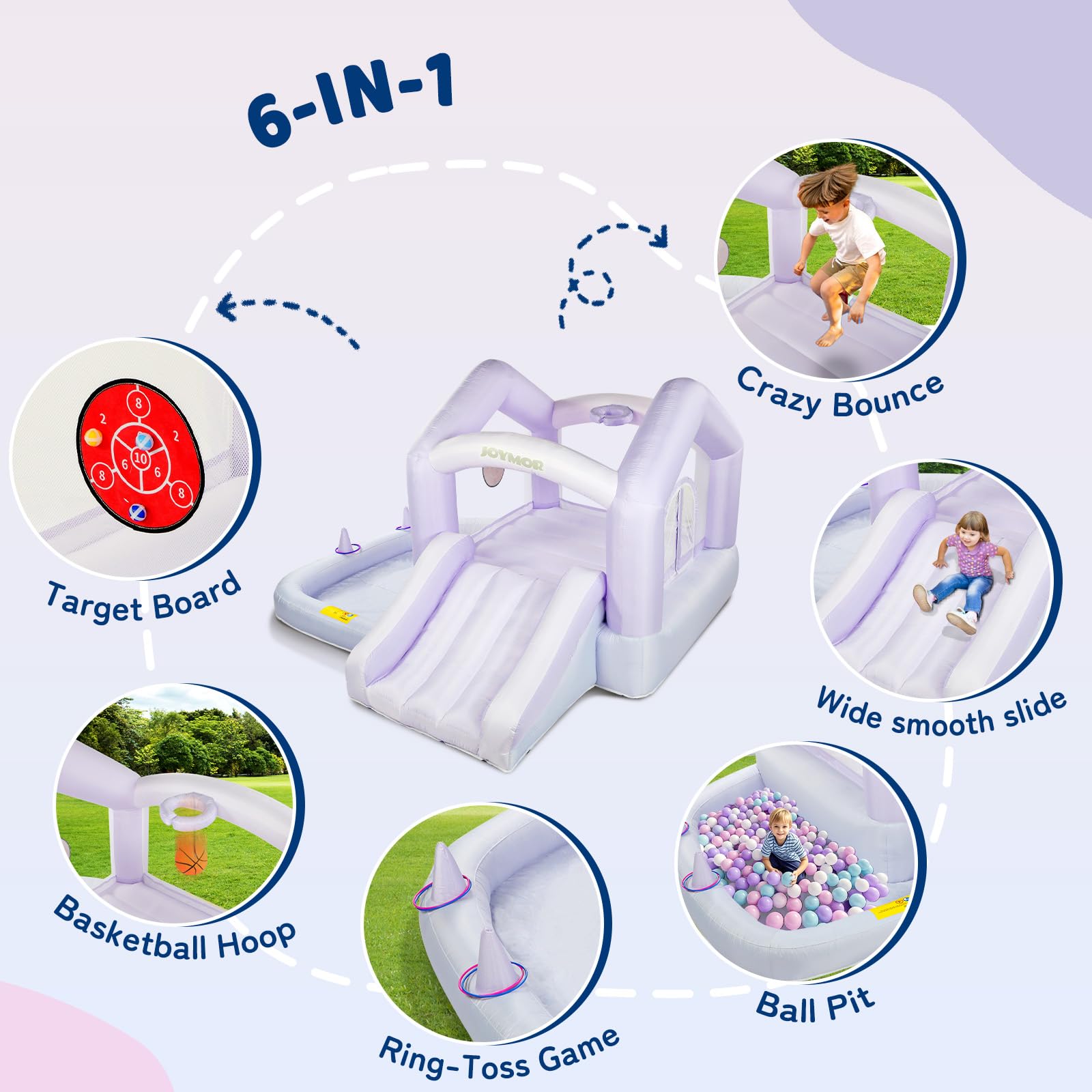 JOYMOR 6-in-1 Grandient Blue Bounce House for Kids 3-6 w/Ball Pit, Basketball, 30s Set-up Inflatable Bounce House for Toddlers 1-3 with Blower, Portable Bag for Indoor Outdoor Party, Thicken Bouncer