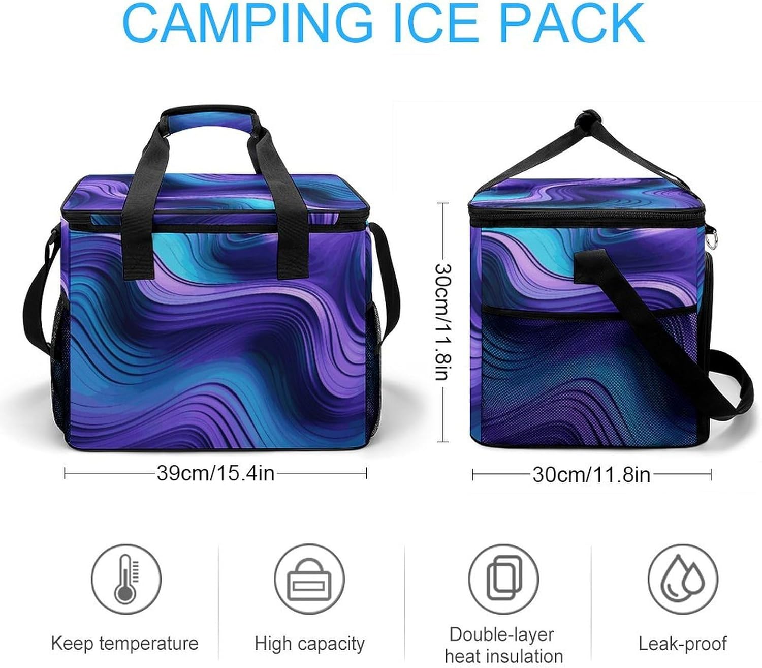 Insulated Picnic Backpack Tote Bag, Large Capacity 30L Wavy Purple Cooler Bag Leakproof Beach Bags Portable Lunch Box Waterproof Picnic Basket for Beach Camping BBQ