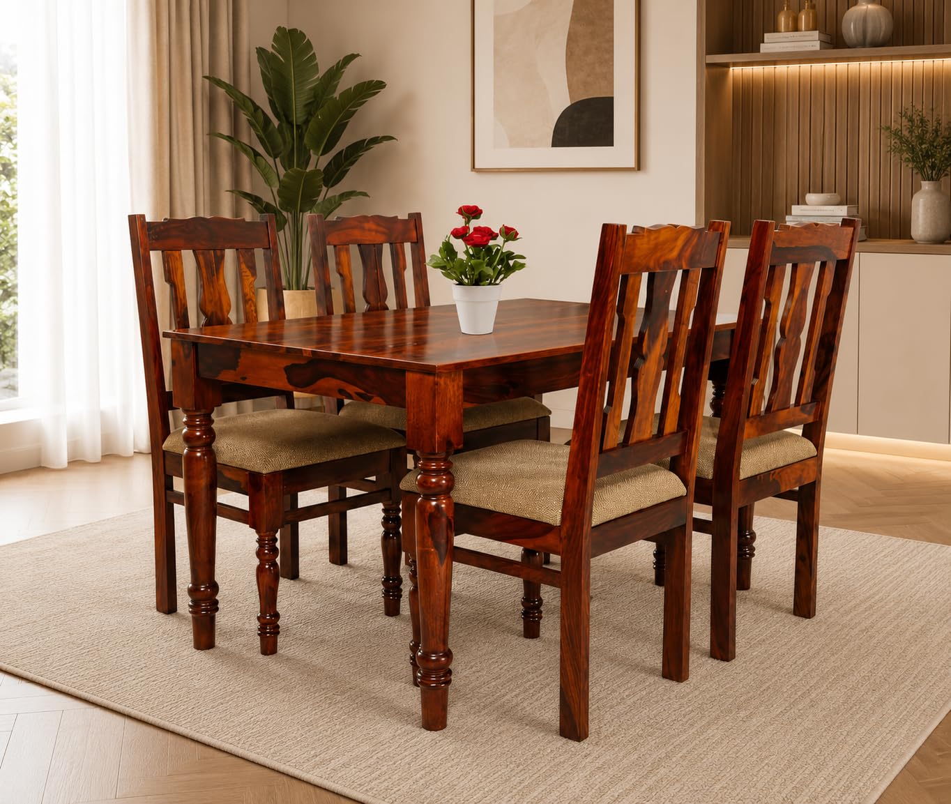 Furniseworld Sheesham Wood 4-Seater Dining Table Set with Cushioned Chairs | Solid Wooden Furniture for Home & Kitchen | Modern & Classic Indian Design (Maple Finish)-image-2