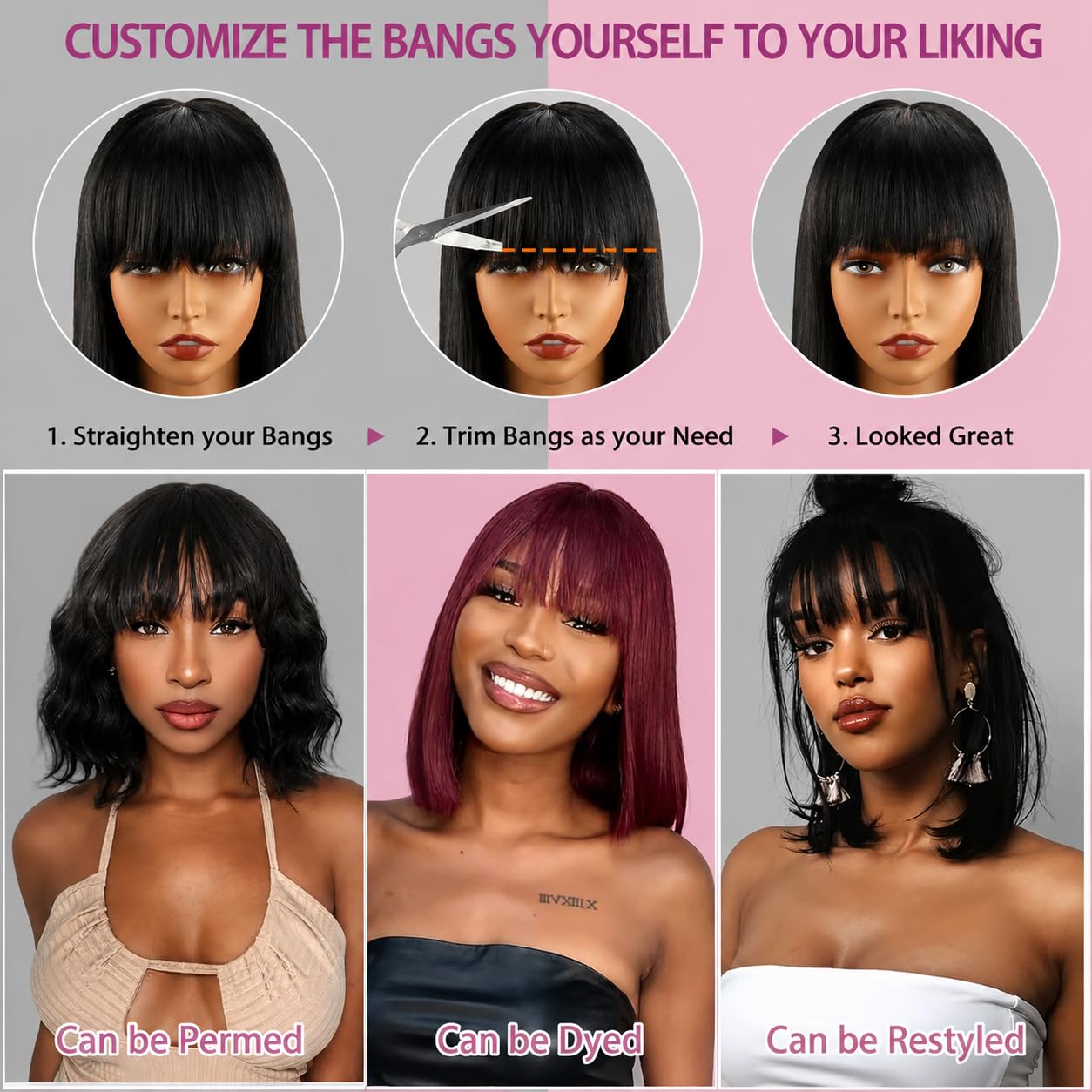 Straight Bob Wig Human Hair with Bangs, Glueless 2x4 HD Lace Closure
