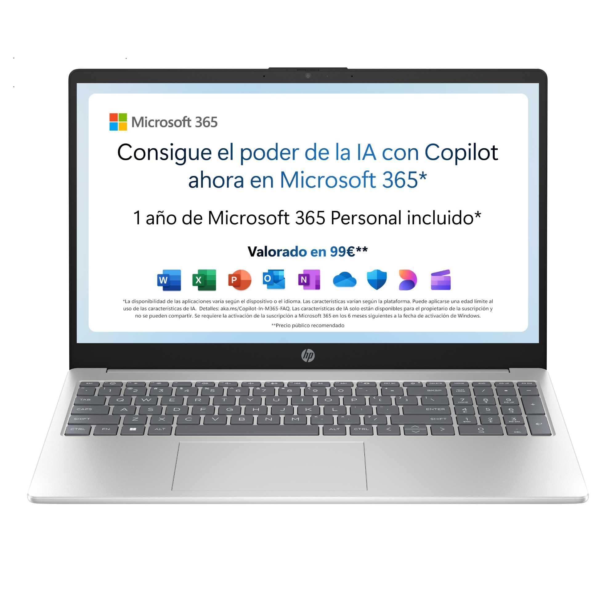 HP 15-fd0261ns - Ordenador portátil de 15.6" FHD (Intel N100, 4GB RAM, 128GB UFS, Intel UHD, Windows 11) Plata - Teclado QWERTY Español - Incluye Microsoft 365 Personal 12 Meses