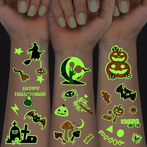 Miniatura 1 de 124 tatuajes temporales de Halloween que brillan en la oscuridad para niños, calcomanías de tatuaje falsas luminosas impermeables para fiesta de
