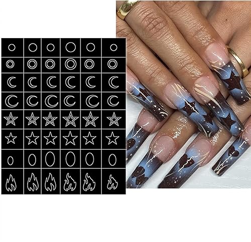 Miniatura 9 de 10 hojas de plantillas de aerógrafo, calcomanías de uñas para uñas, autoadhesivas, corazón, mariposa, flor, luna, estrella, llama, punta francesa,