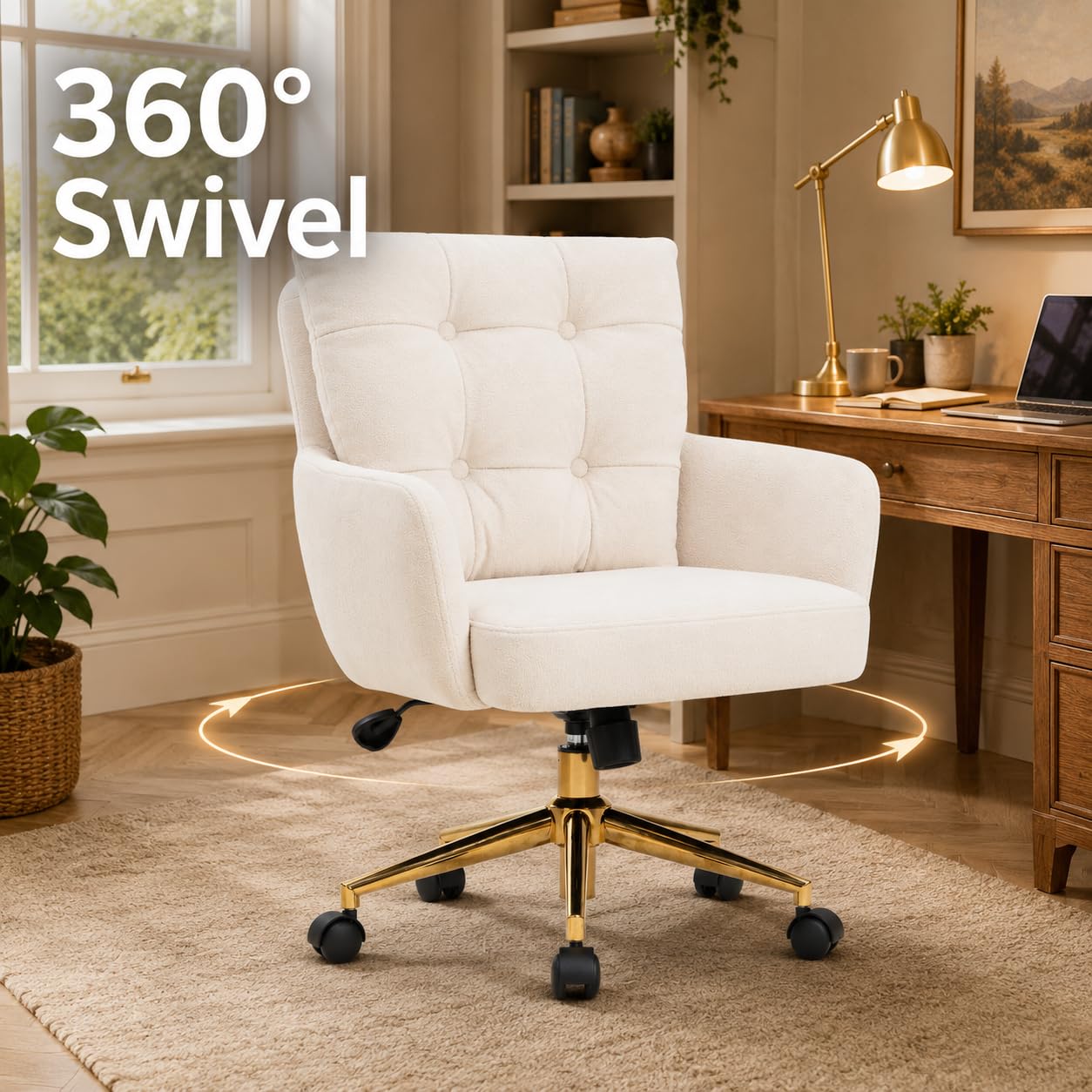 Silla Terciopelo, 360° Silla Giratoria con Respaldo y Reposabrazos, Sillas Escritorio Beige