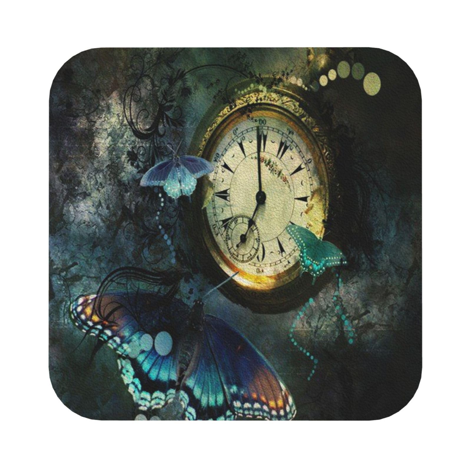 Clock Butterfly PU Leather Coasters Set of 6 Square Drink Coasters