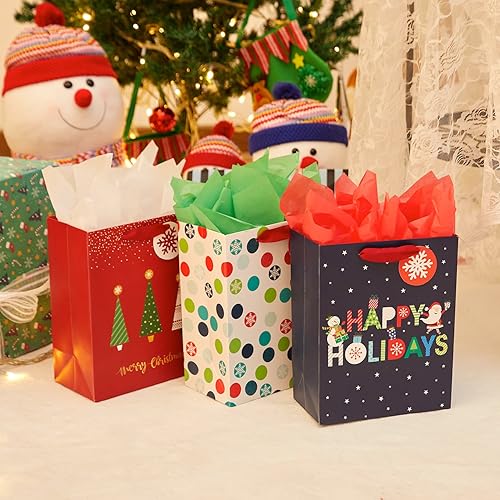 Miniatura 4 de SUNCOLOR Small Christmas Gift Bags with Tissue Paper, 6 Pack Holiday Theme Bags in 3 Festive Designs, 7x9x4 Inches, Red Navy White with 12 Sheets