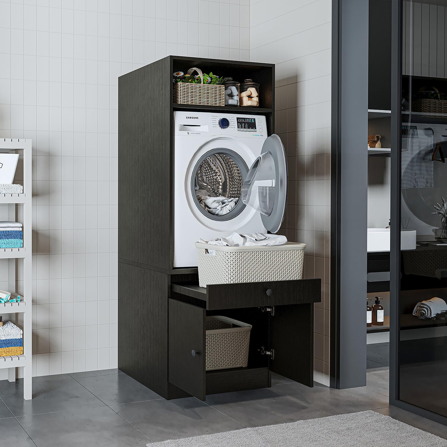 ROOMART Armoire de machine à laver avec plateau coulissant - Peu encombrante - Pratique - Idéal pour la buanderie (chêne noir, 1 armoire - 184 cm de haut)