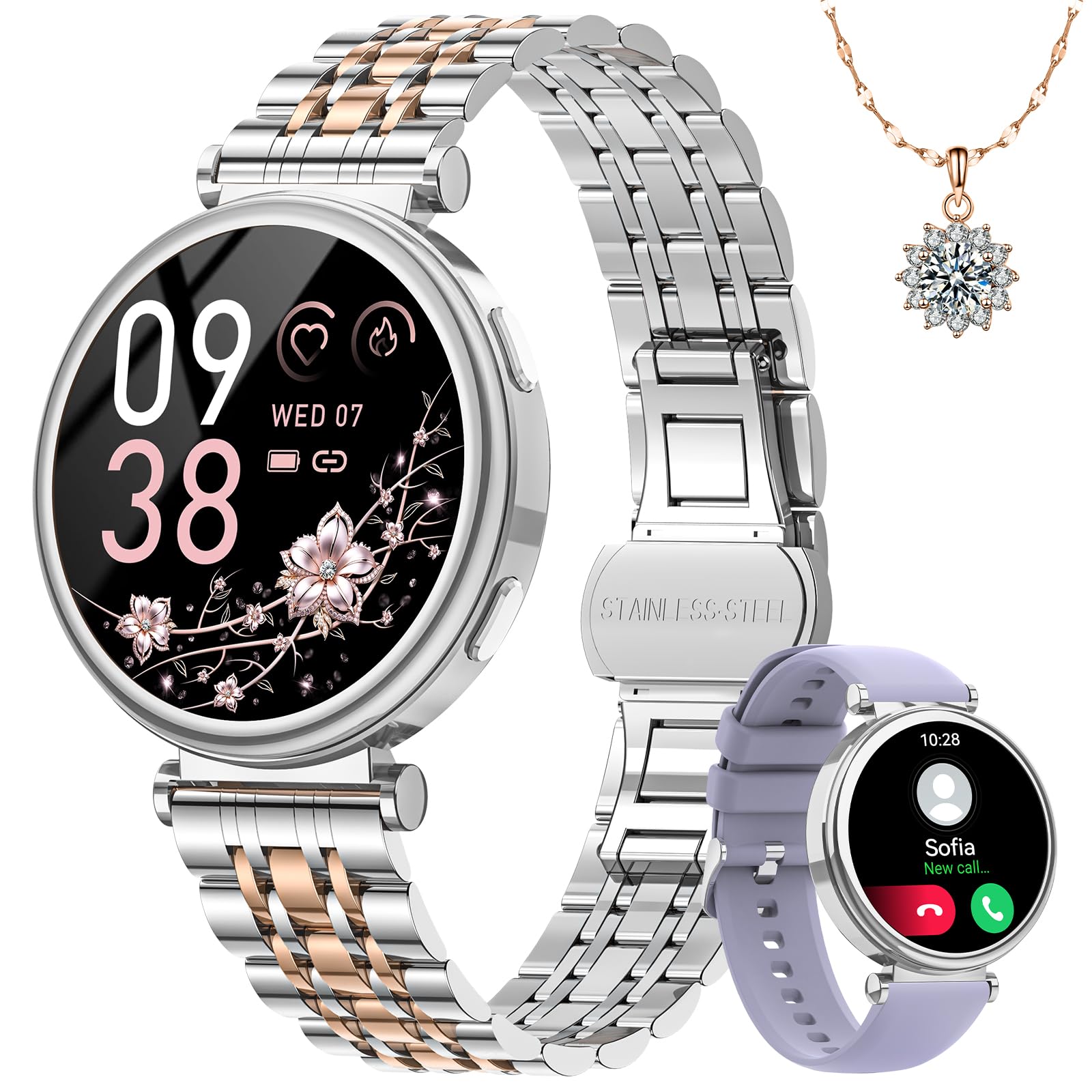Fitnynxos Smartwatch Donna, 1.27" HD Orologio Smartwatch con Chiamate, 120+ Sport, 24h Cardiofrequenzimetro Ciclo Mestruale SpO2 Sonno IP68 Contapassi Notifiche WhatsApp per iOS Android Argento Regalo