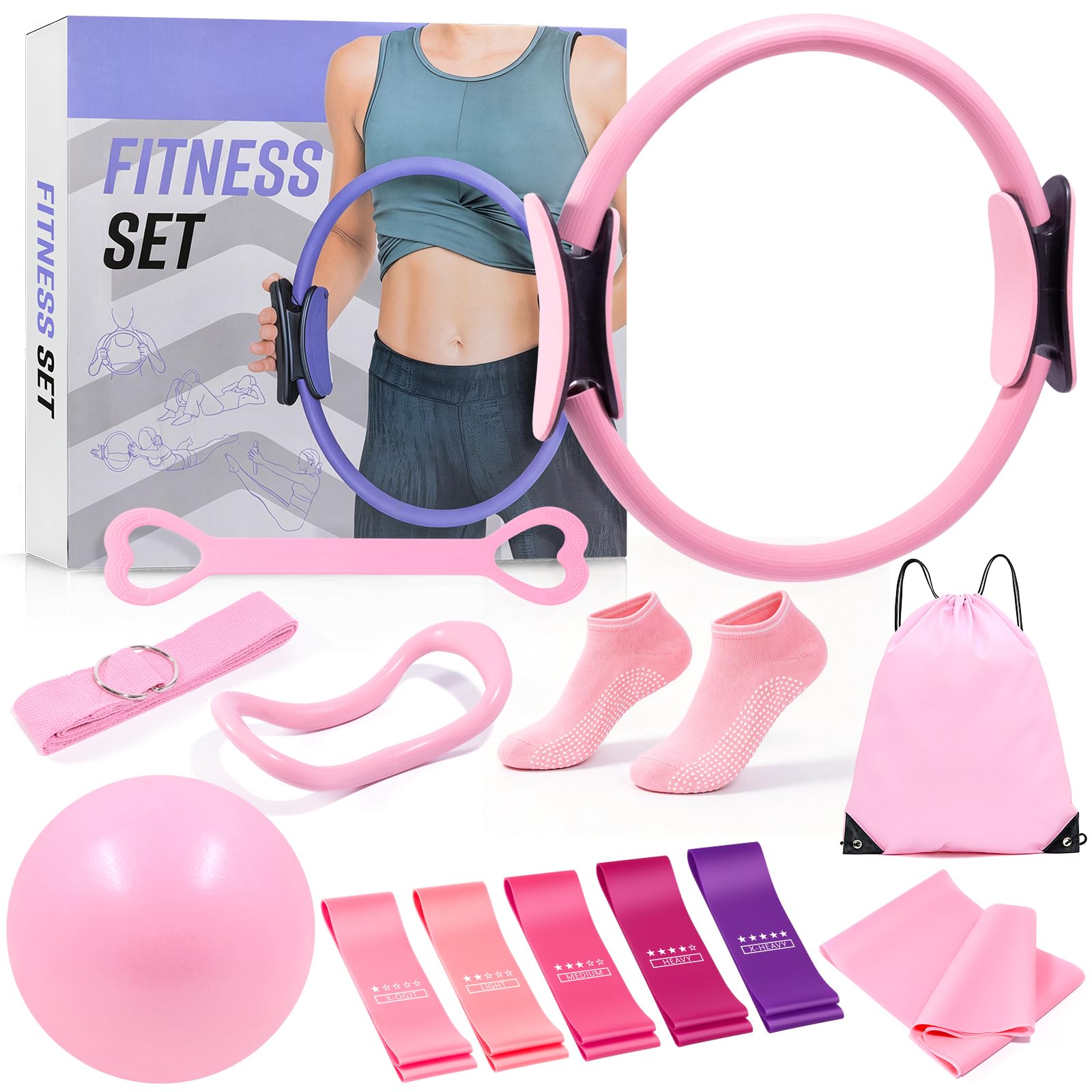 Pilates Set, Pilates Ring Zubehör Set 13 Stück mit 13" Ring, 10" Ball,Fitnessbänder & Zubehör,Pilates Socken und Tragbarer Tasche,Home Pilates Essential Kit für Frauen,Yoga Set,Pilates Set für Zuhause