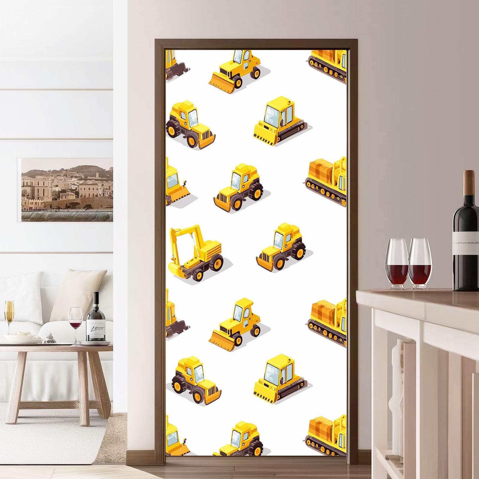 Naklejka na drzwi 3D, samoprzylepna, PCW, 90 x 200 cm, zdejmowana, żółta, wodoszczelna, do sypialni, kuchni, łazienki, biura, dekoracja na drzwi - kreskówka, fotografia, samochód dziecięcy, motyw