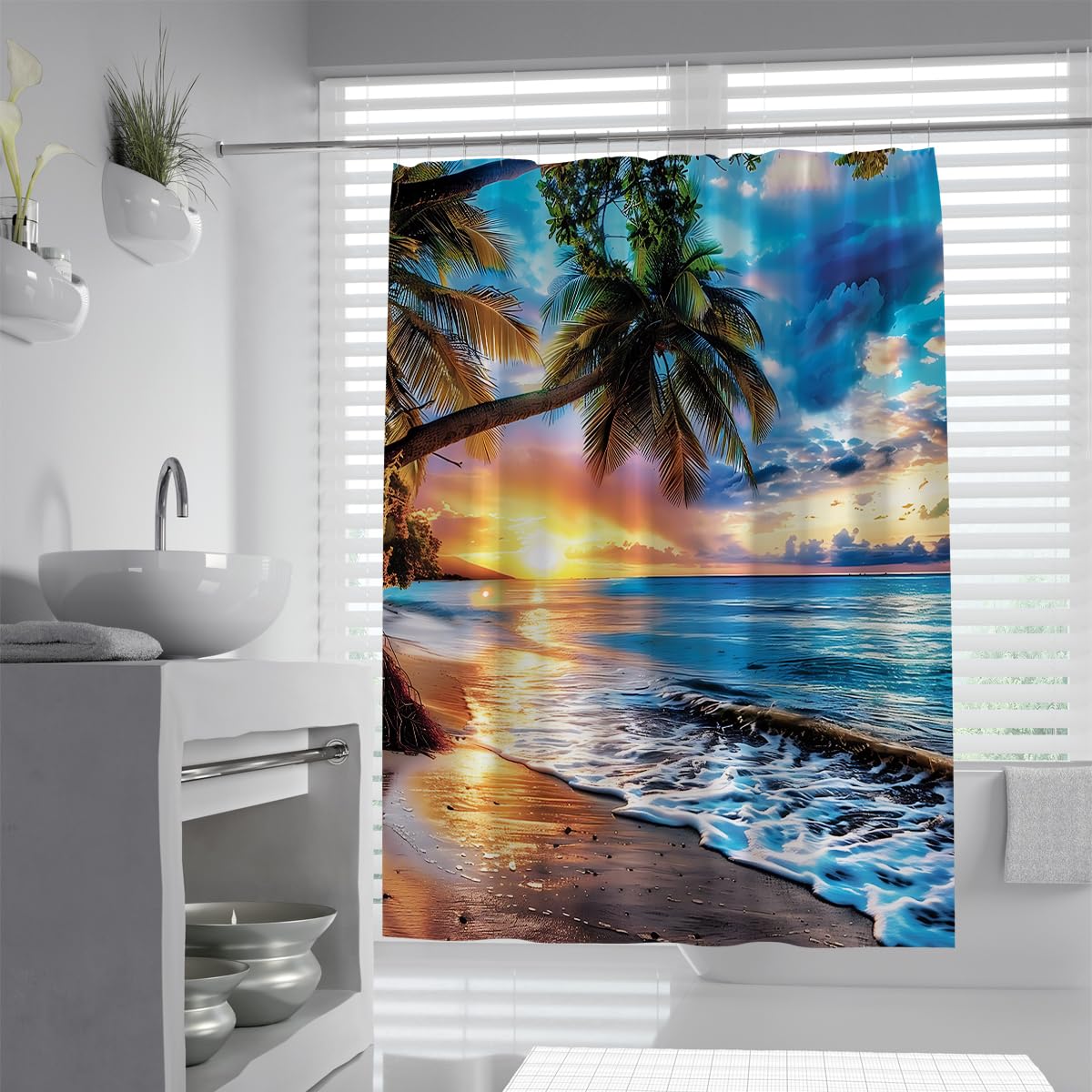 UERWOWELL Exotic Beach Sunset Landscape Shower Curtains Romantic Seascape Coconut Tree Foam Ripple Bathroom Curtain Washable Polyester Fabric W150xL180 cm