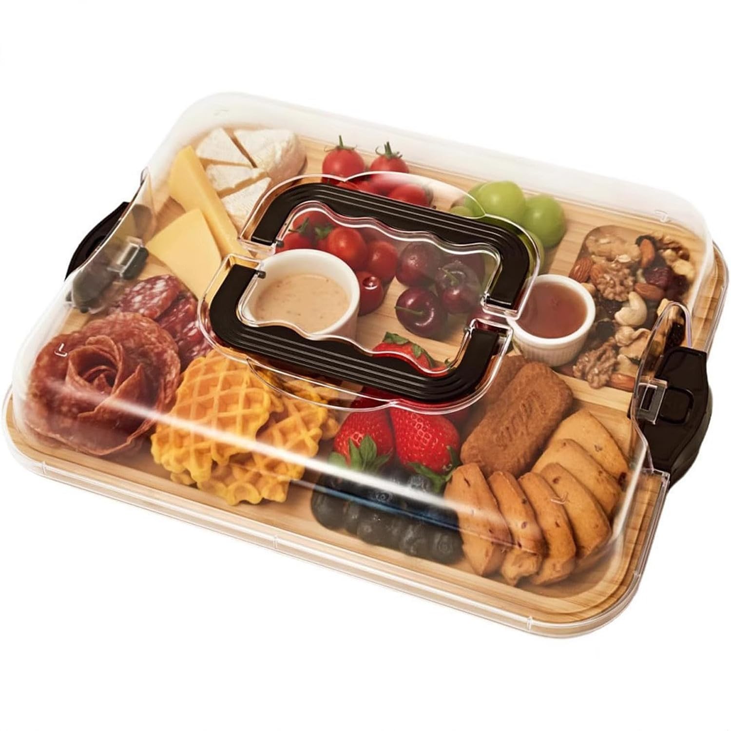 Planche à fromages en bois avec couvercle transparent, plateau de service pour fruits, collations, viande, dessert, assiette à charcuterie, planche à fromages avec compartiments, poignée pour fête