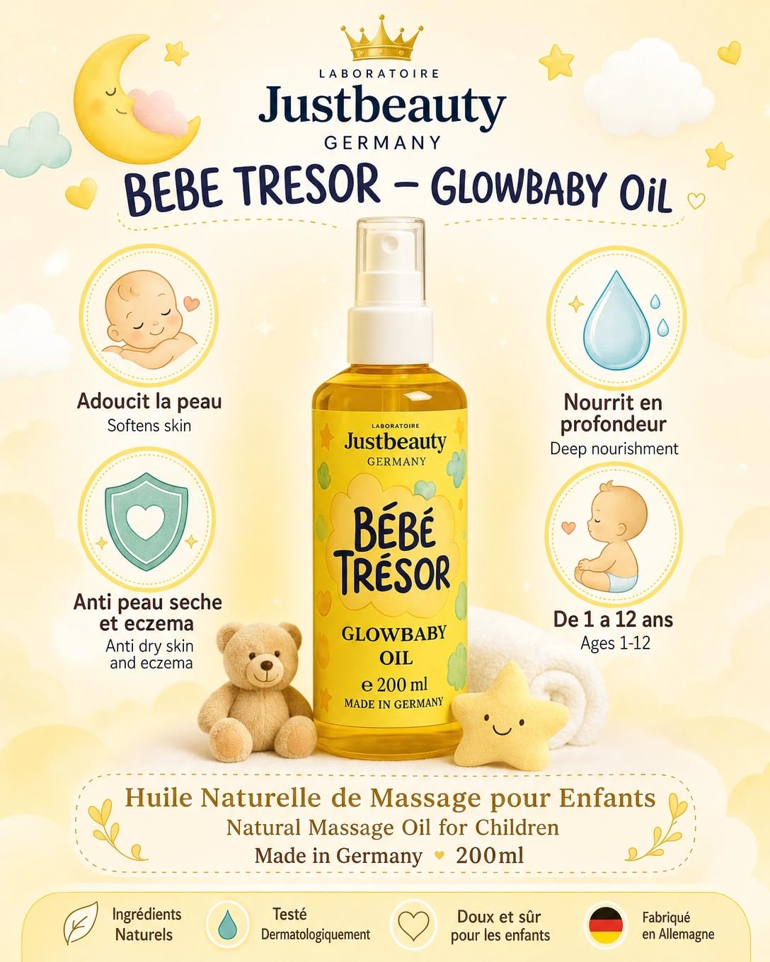 Bébé Trésor - Set per la cura della pelle sensibile del bambino, latte corpo 500 ml, gel doccia 300 ml, olio da massaggio naturale 200 ml