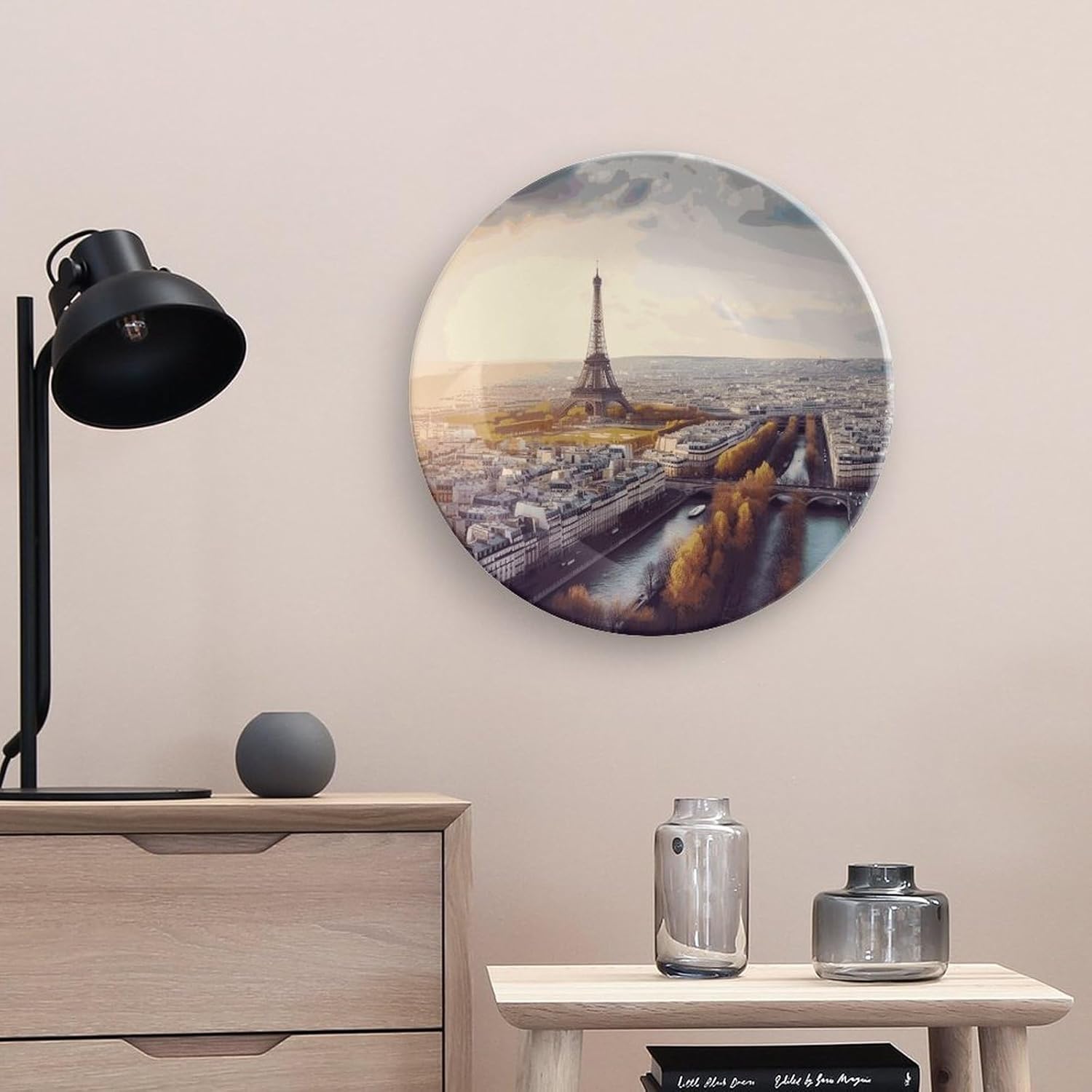 Aerial View of Paris Cityscape Decorative Plates for Display Round Porcelain Plate Living Room Table Ceramic Hanging Decorative Plate Art Decor for Living Room Table with 1 Display Stand 10inc