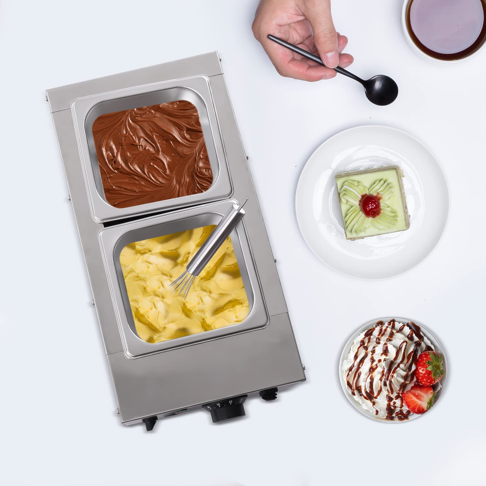 Unnsiapit Chocolate Melting Pot, 800W 6L/1.5Gal Electric Chocolate Tempering Machine, Stainless Steel Commercial Chocolate Melter Food Warmer for Catering Restaurant Party, 2 Tanks, 86-185?