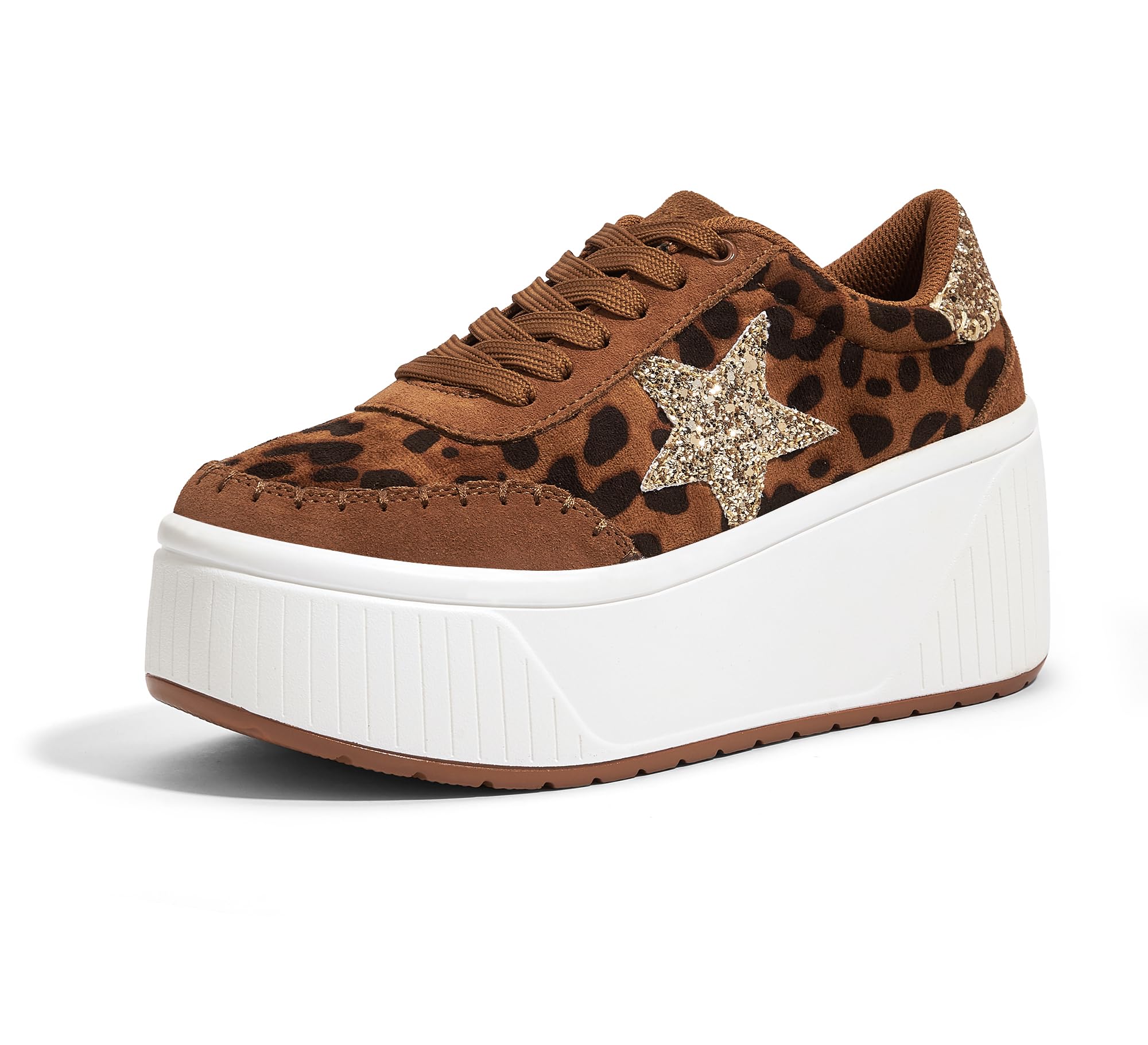 LUCKY STEP Women's Platform Chunky Sneakers Fashion Star Glitter Sparkly Wedge Walking Shoes High Heel Casual Shiny Thick Sole Footwear