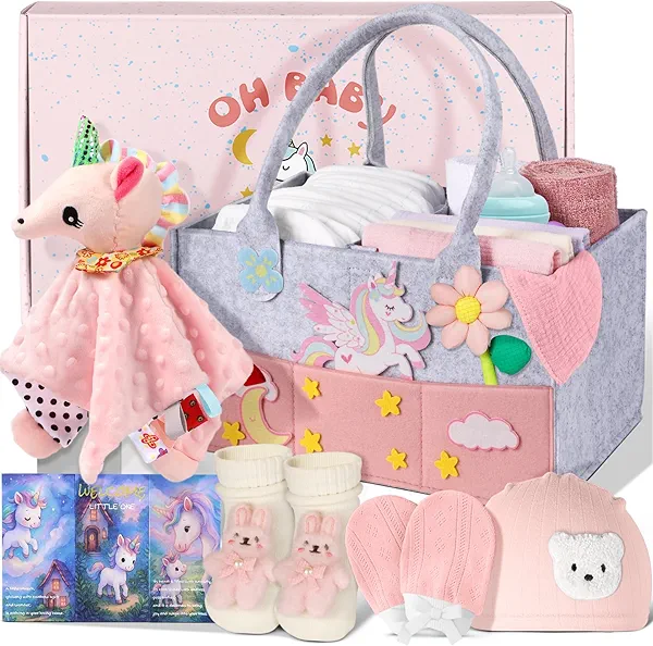 Coralogo Baby Shower Gift Basket - Baby Gift Set with Practical Diaper Caddy, Gifts for New Mom, Gender Reveal Gifts, New Born Essential Include Security Blanket Hat Bib Socks Mittens, Girl