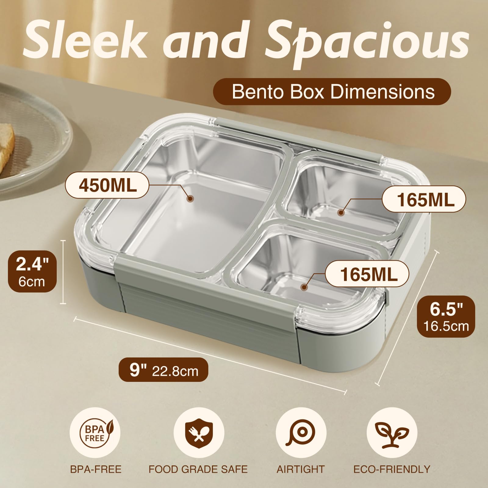 JKT HOME Stainless Steel Bento Box - 3 Compartment Metal Meal Prep Lunch Box with Leak Proof Seal, Food Grade Safe, 304 Stainless Steel and BPA Free, Metal Lunch box for Adults, Silicone Seal (Grey)